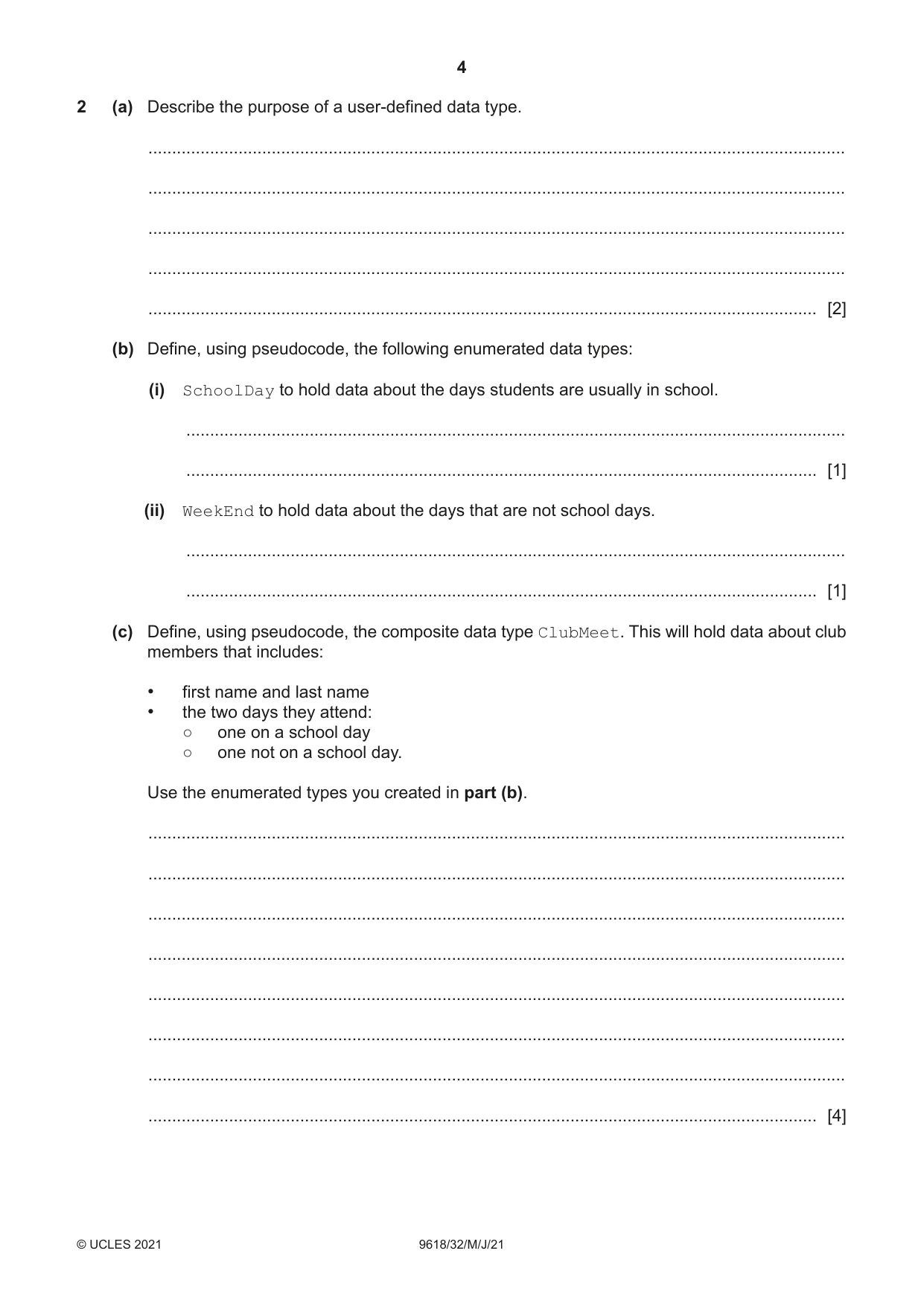Cambridge A Level Computer Science 9618 2021 May/June Paper 3 · Variant 2 question paper, page 4 of 12