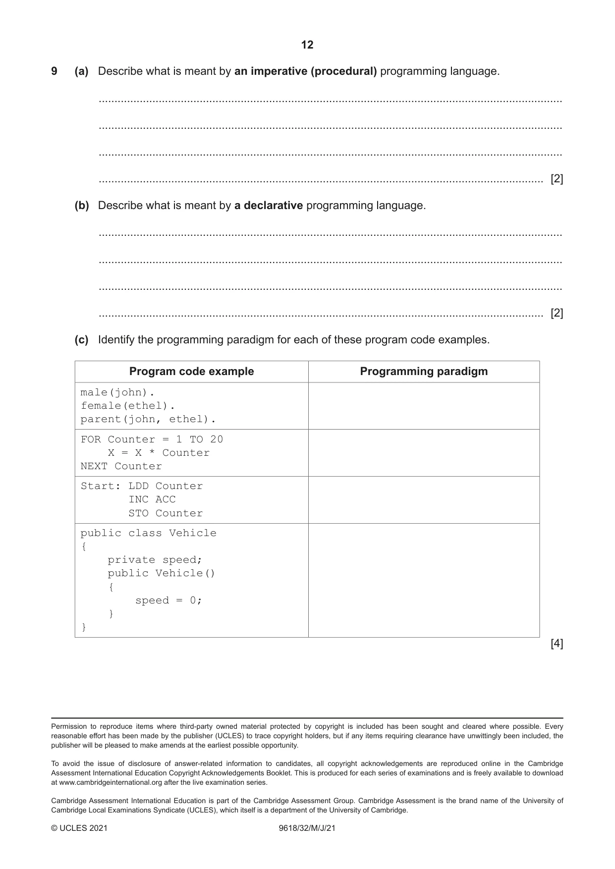 Cambridge A Level Computer Science 9618 2021 May/June Paper 3 · Variant 2 question paper, page 12 of 12