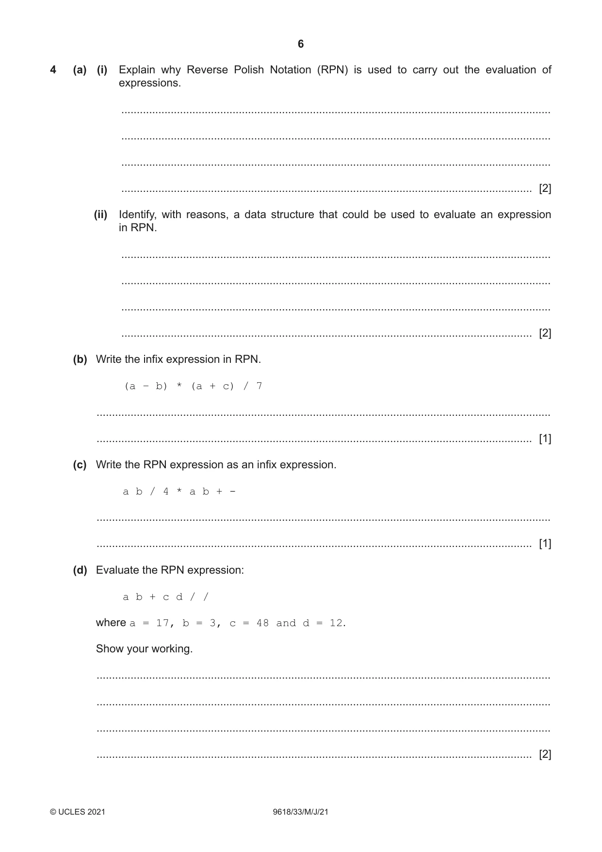 Cambridge A Level Computer Science 9618 2021 May/June Paper 3 · Variant 3 question paper, page 6 of 12