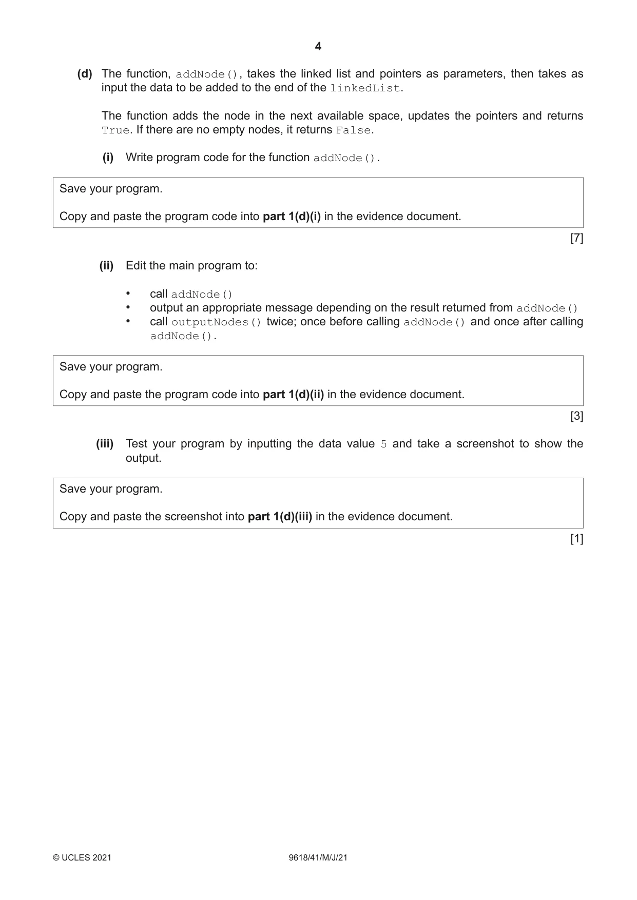 Cambridge A Level Computer Science 9618 2021 May/June Paper 4 · Variant 1 question paper, page 4 of 12