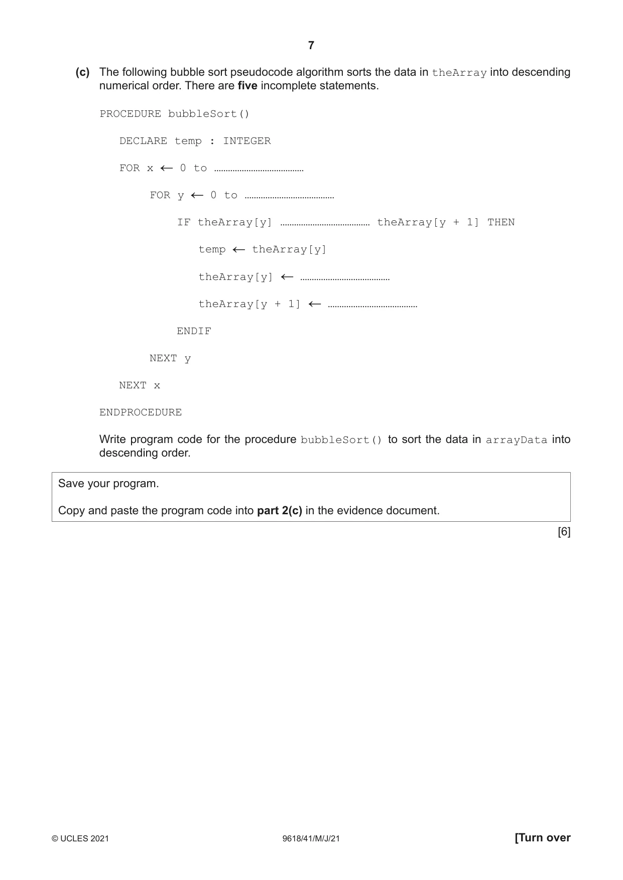 Cambridge A Level Computer Science 9618 2021 May/June Paper 4 · Variant 1 question paper, page 7 of 12