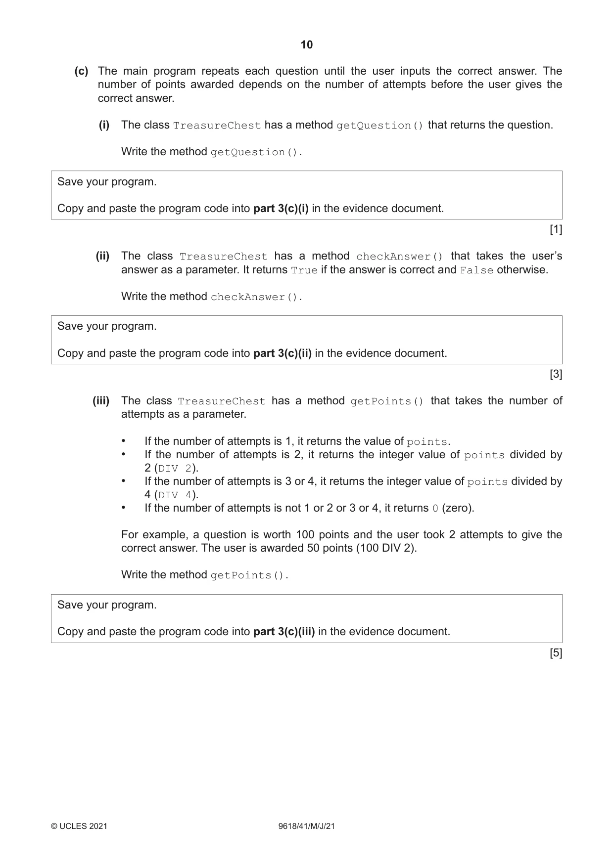 Cambridge A Level Computer Science 9618 2021 May/June Paper 4 · Variant 1 question paper, page 10 of 12