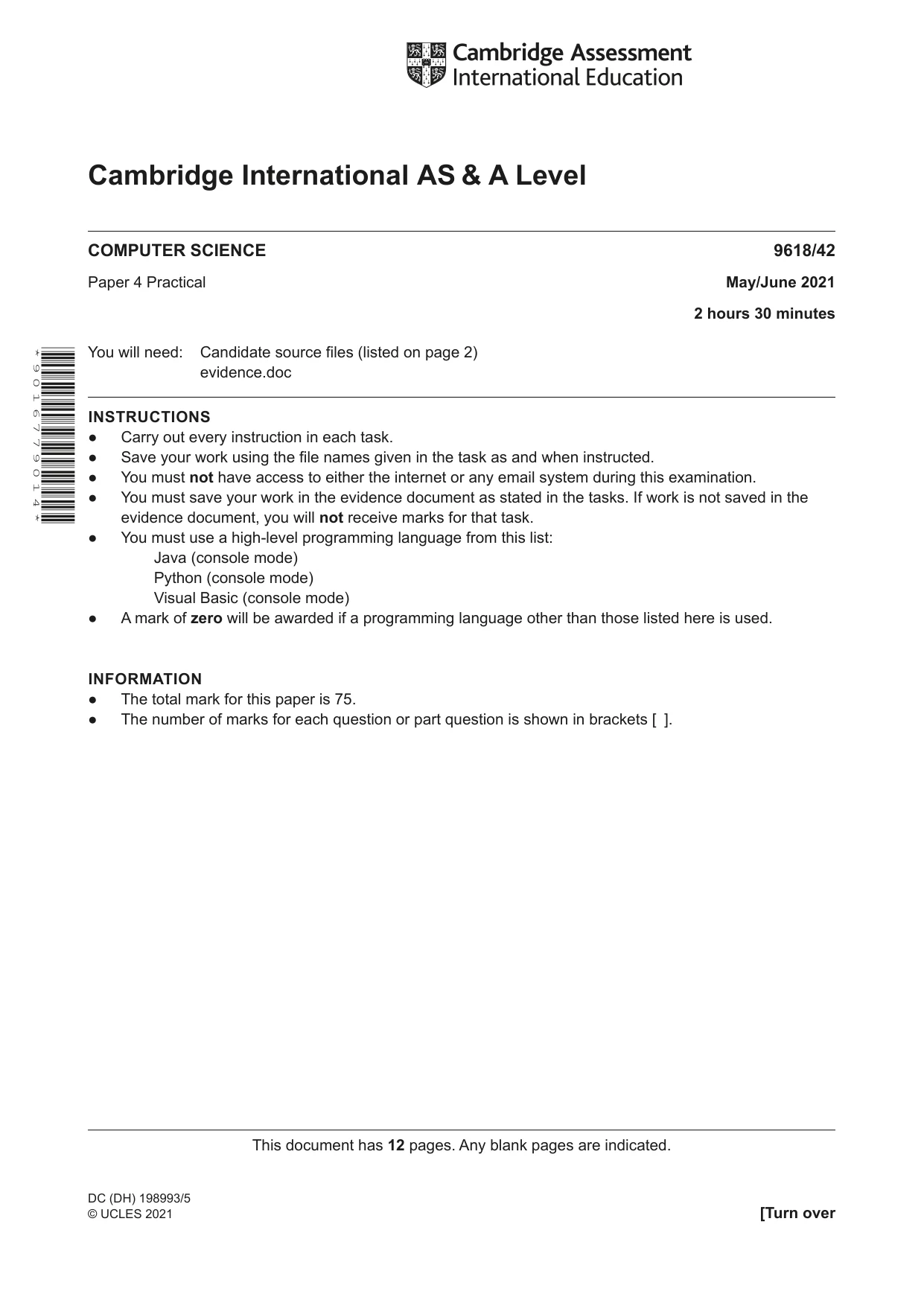 Cambridge A Level Computer Science 9618 2021 May/June Paper 4 · Variant 2 question paper, page 1 of 12