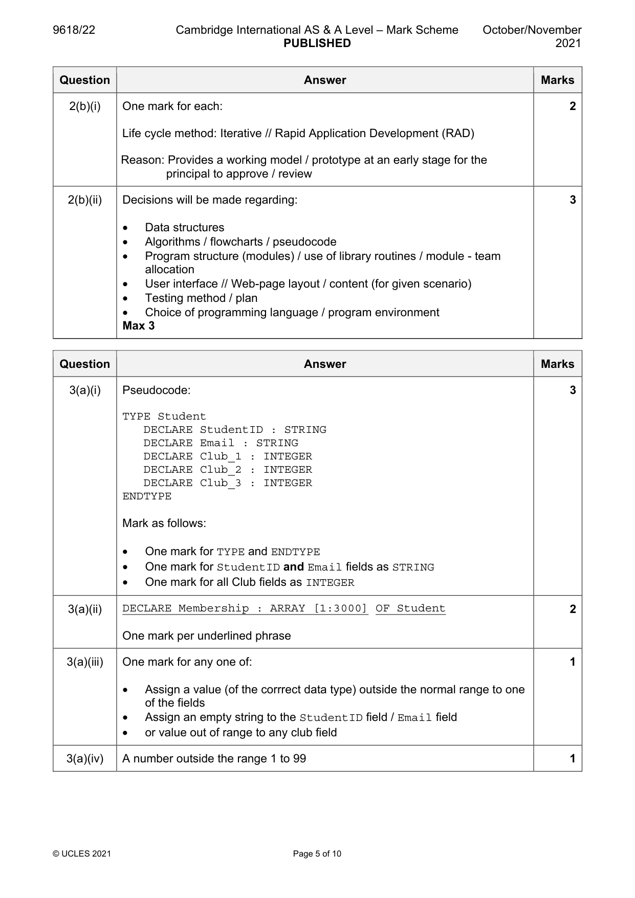 Mark scheme, page 5 of 10