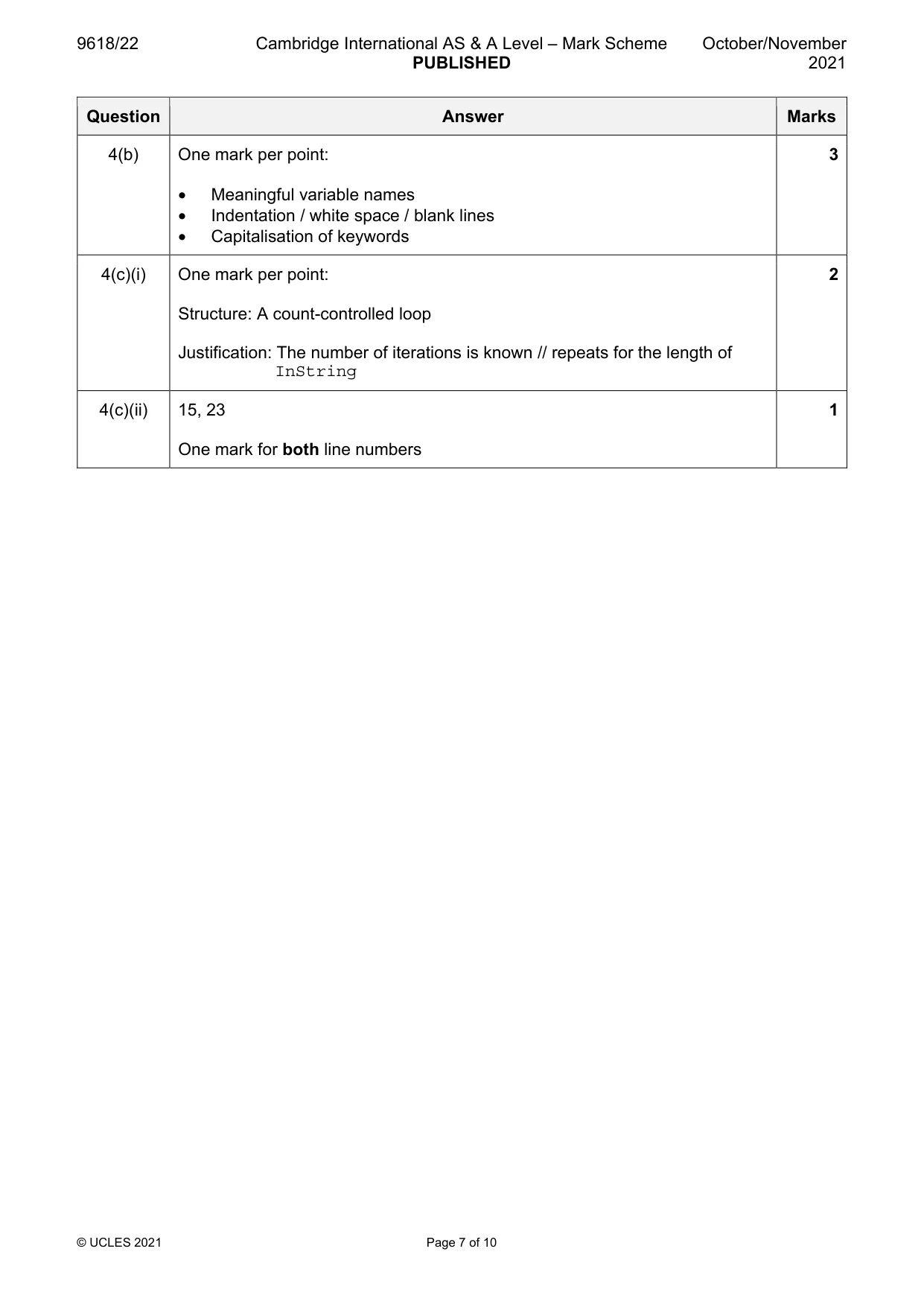 Mark scheme, page 7 of 10