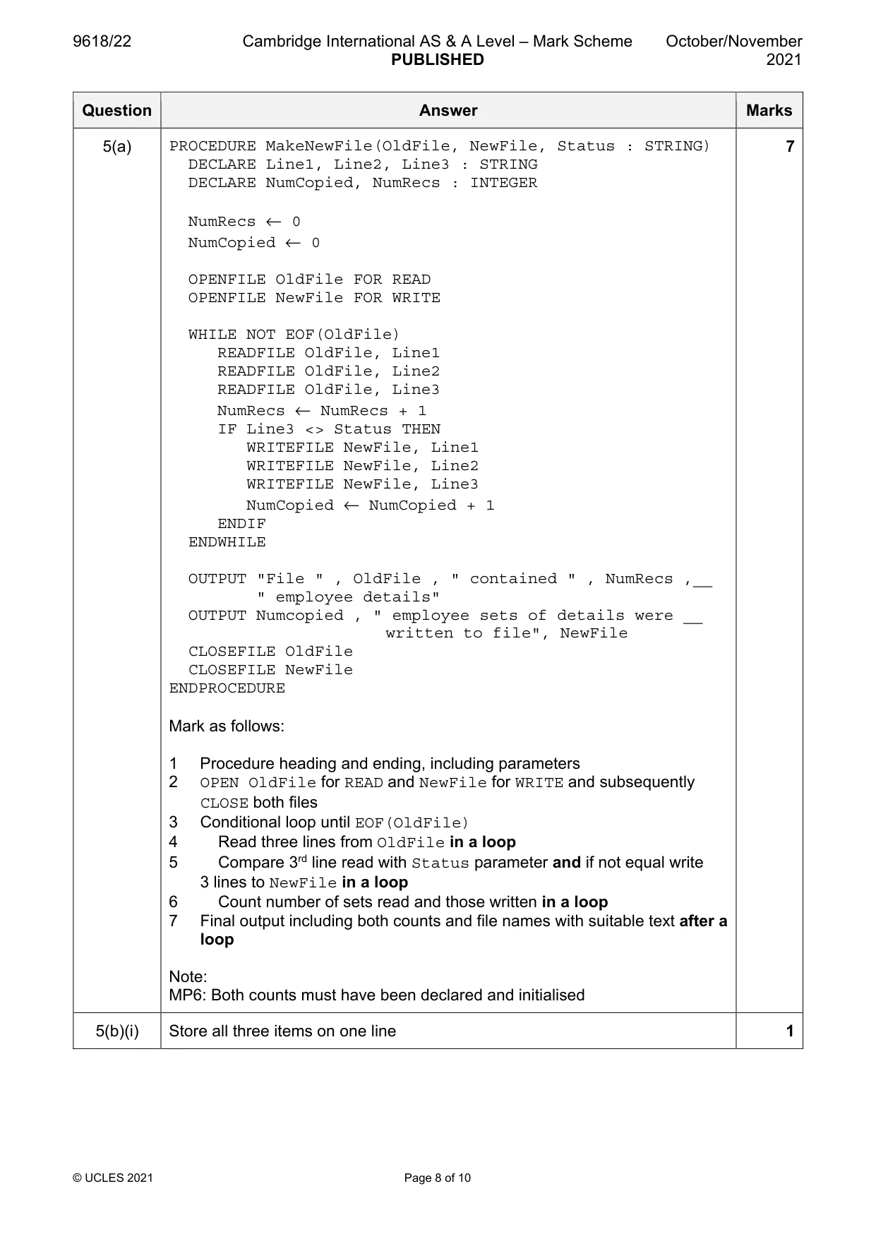 Mark scheme, page 8 of 10