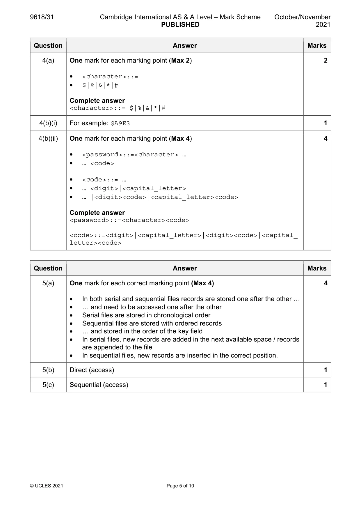 Mark scheme, page 5 of 10