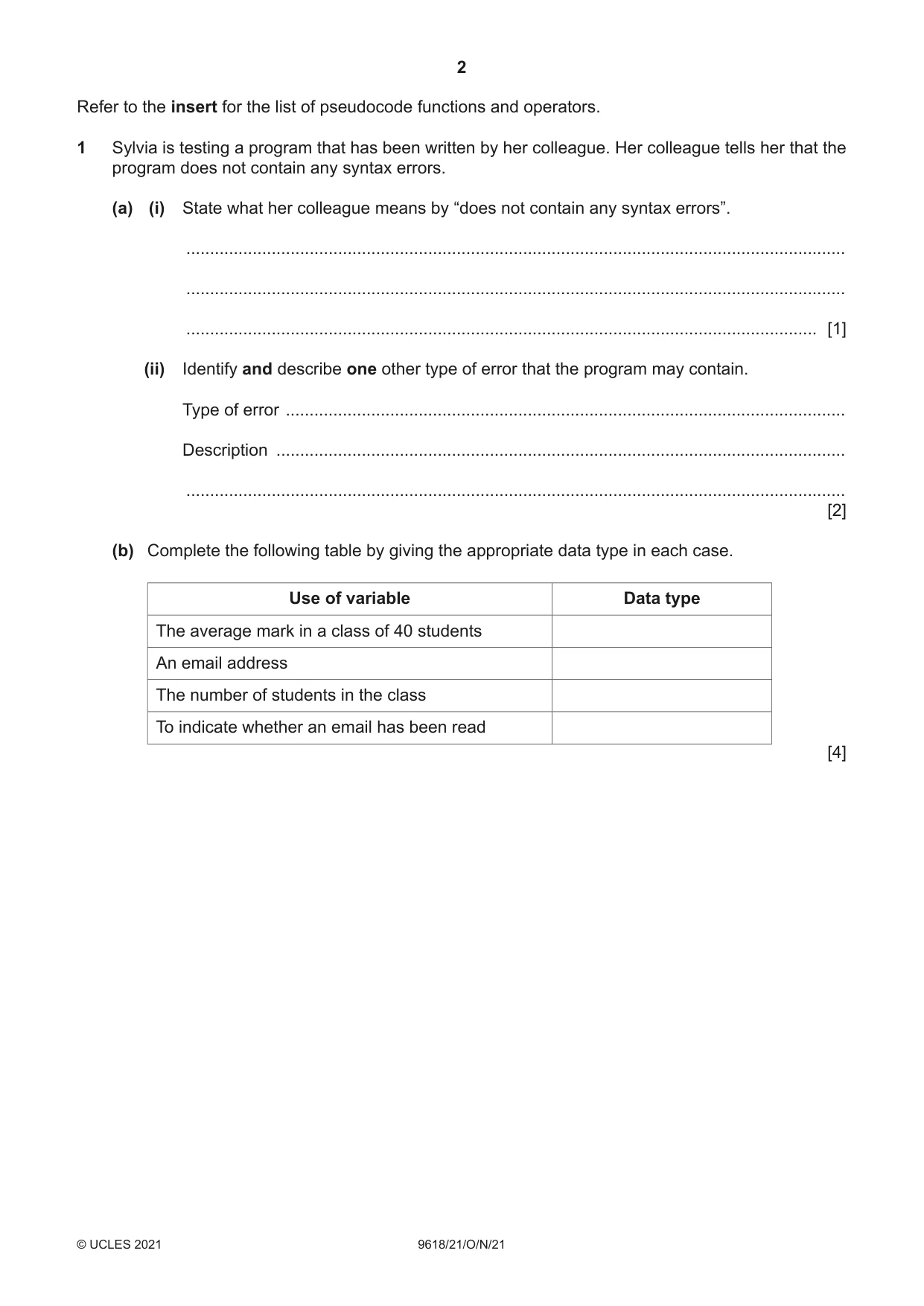 Cambridge A Level Computer Science 9618 2021 Oct/Nov Paper 2 · Variant 1 question paper, page 2 of 20
