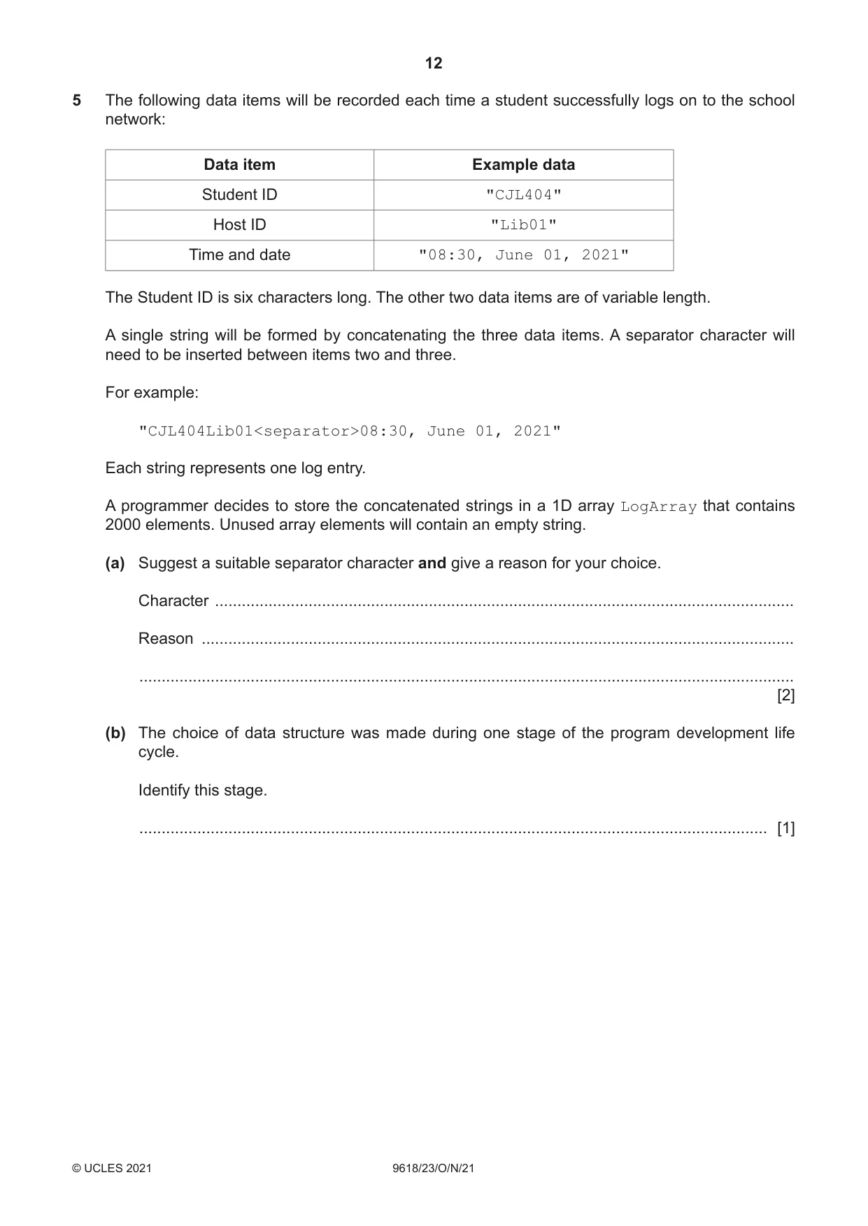 Cambridge A Level Computer Science 9618 2021 Oct/Nov Paper 2 · Variant 3 question paper, page 12 of 20