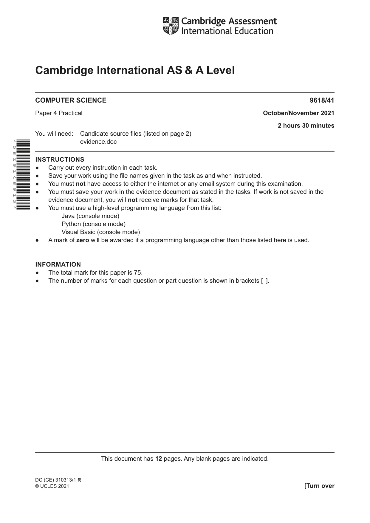 Cambridge A Level Computer Science 9618 2021 Oct/Nov Paper 4 · Variant 1 question paper, page 1 of 12