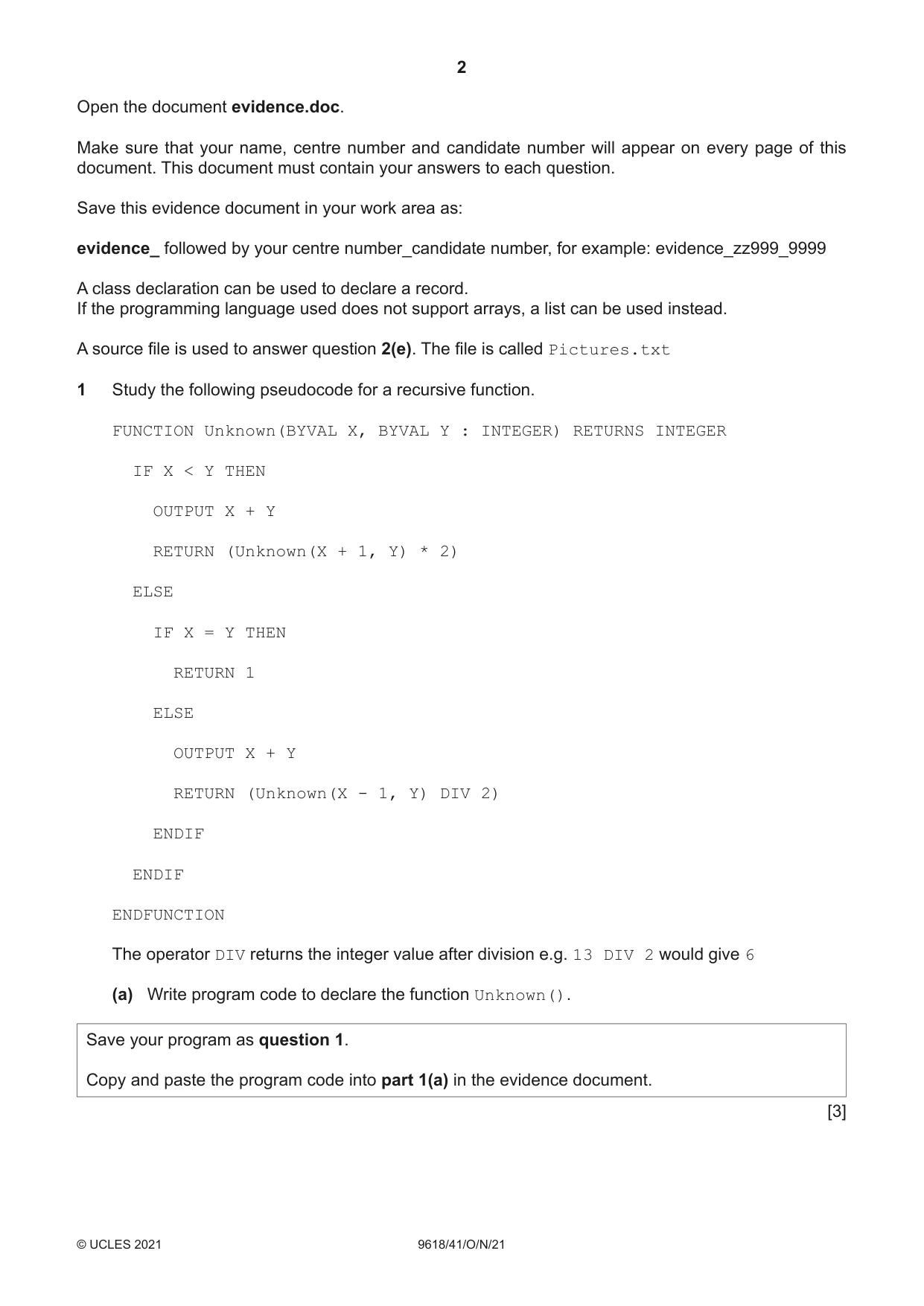 Cambridge A Level Computer Science 9618 2021 Oct/Nov Paper 4 · Variant 1 question paper, page 2 of 12
