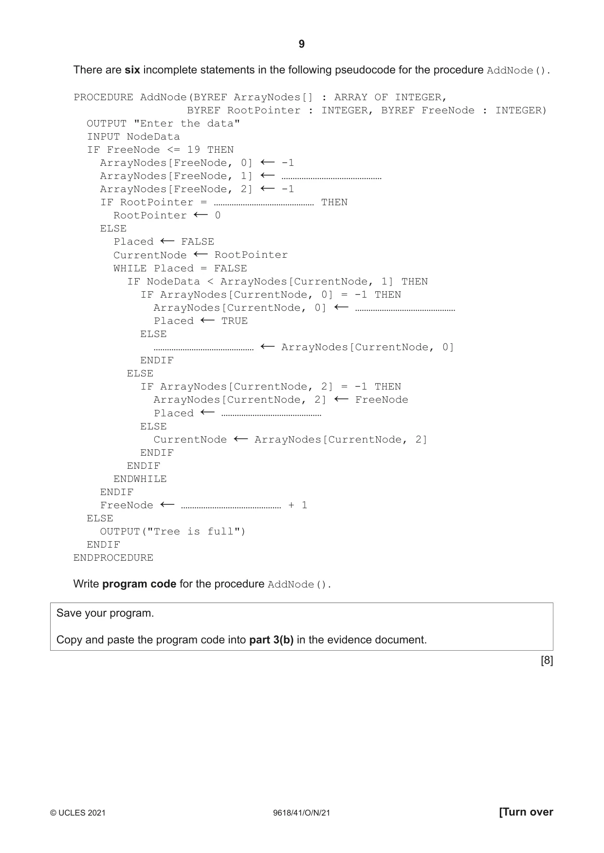Cambridge A Level Computer Science 9618 2021 Oct/Nov Paper 4 · Variant 1 question paper, page 9 of 12