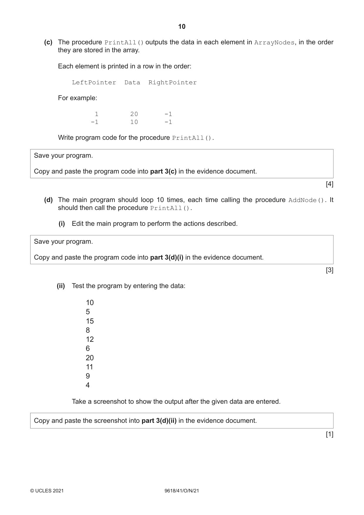 Cambridge A Level Computer Science 9618 2021 Oct/Nov Paper 4 · Variant 1 question paper, page 10 of 12