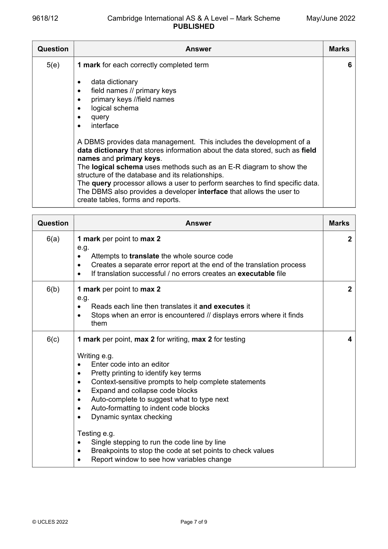 Mark scheme, page 7 of 9
