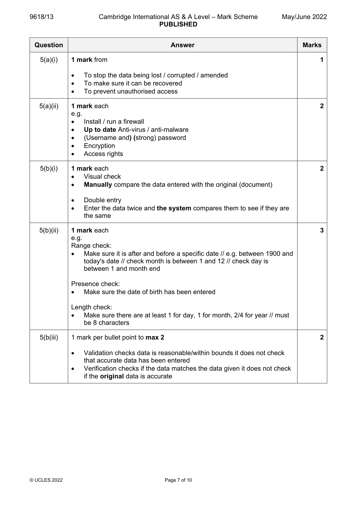 Mark scheme, page 7 of 10
