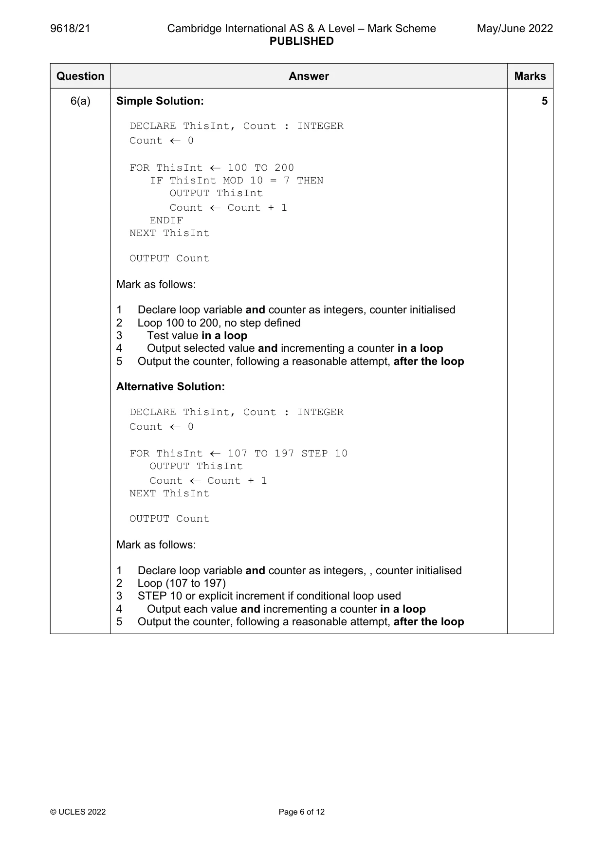 Mark scheme, page 6 of 12