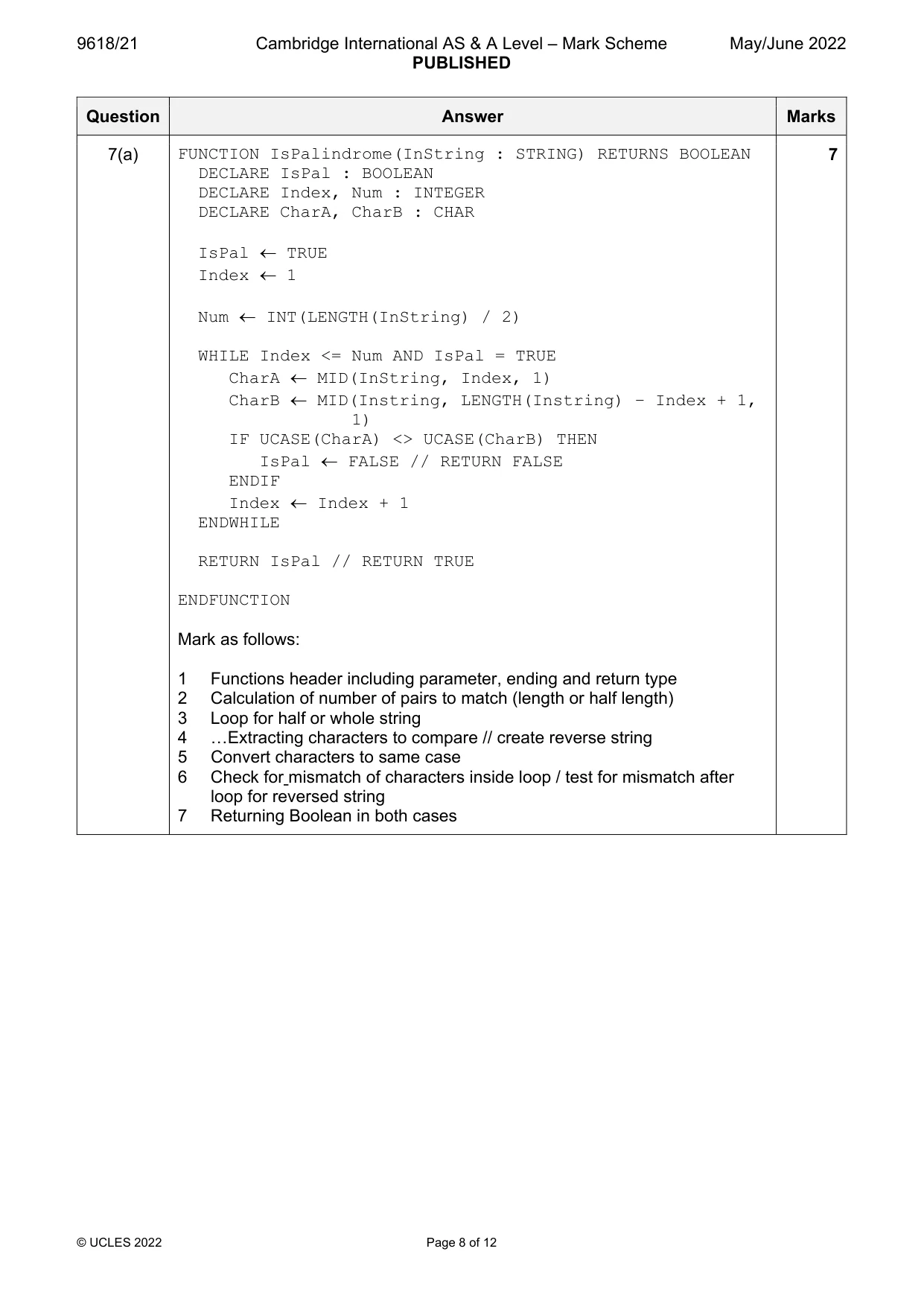 Mark scheme, page 8 of 12