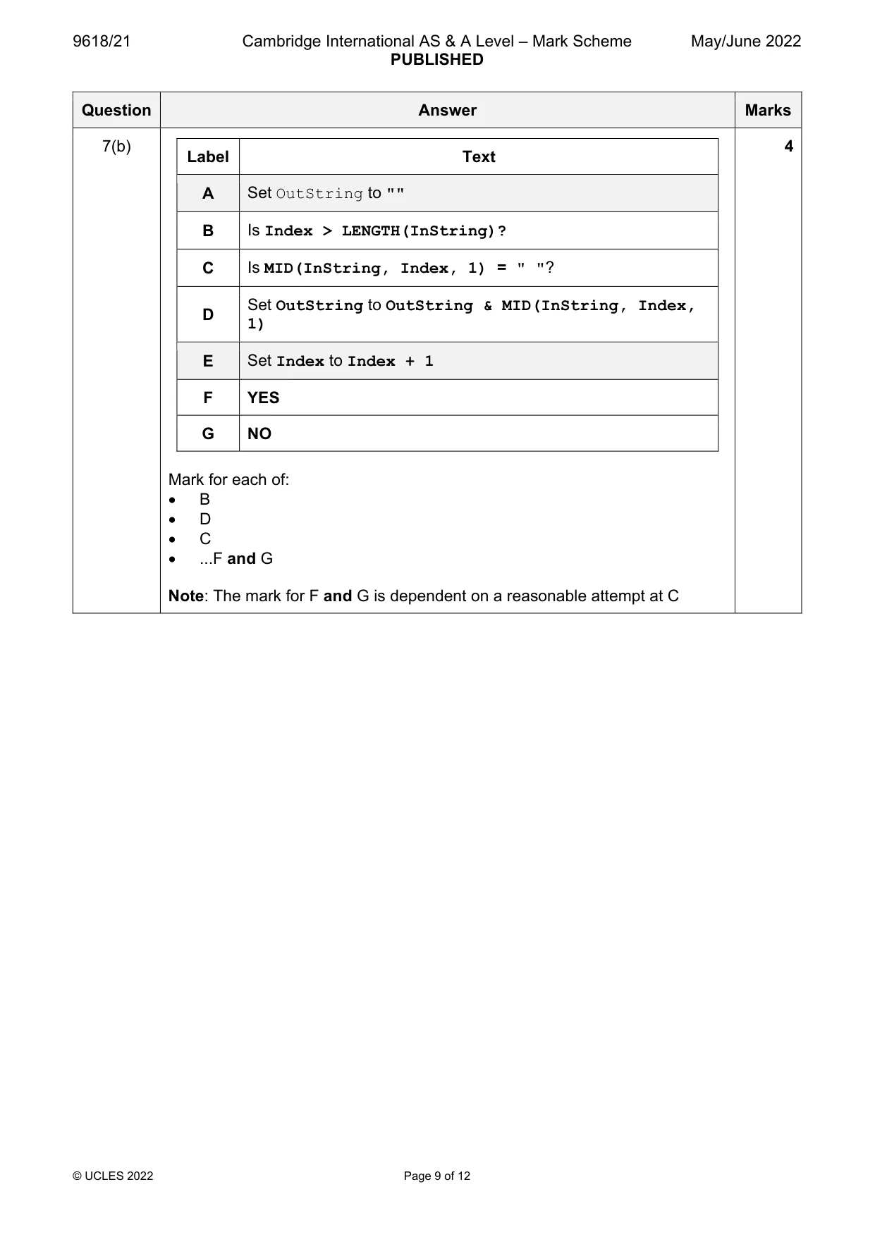 Mark scheme, page 9 of 12