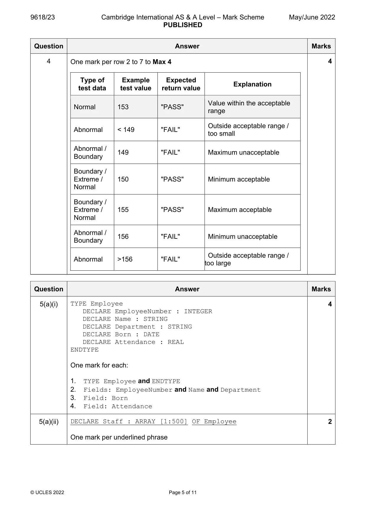 Mark scheme, page 5 of 11