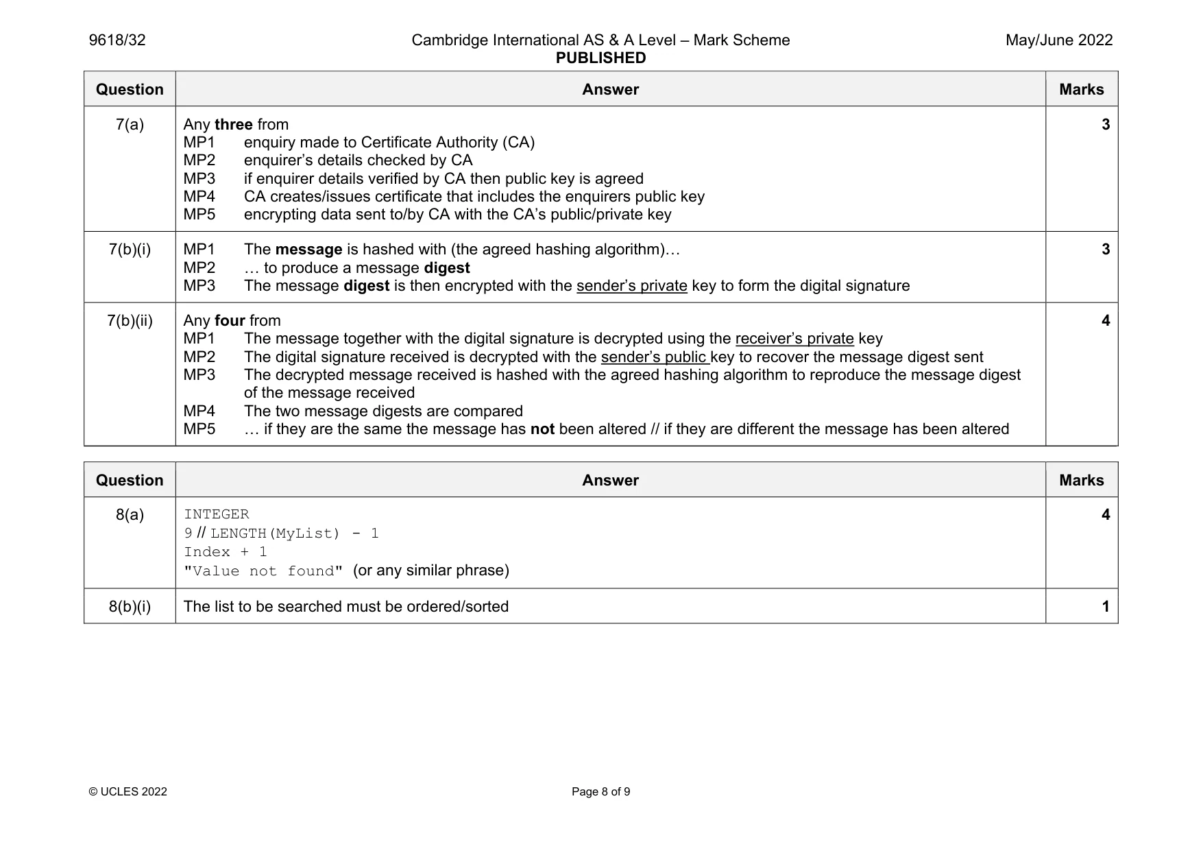Mark scheme, page 8 of 9