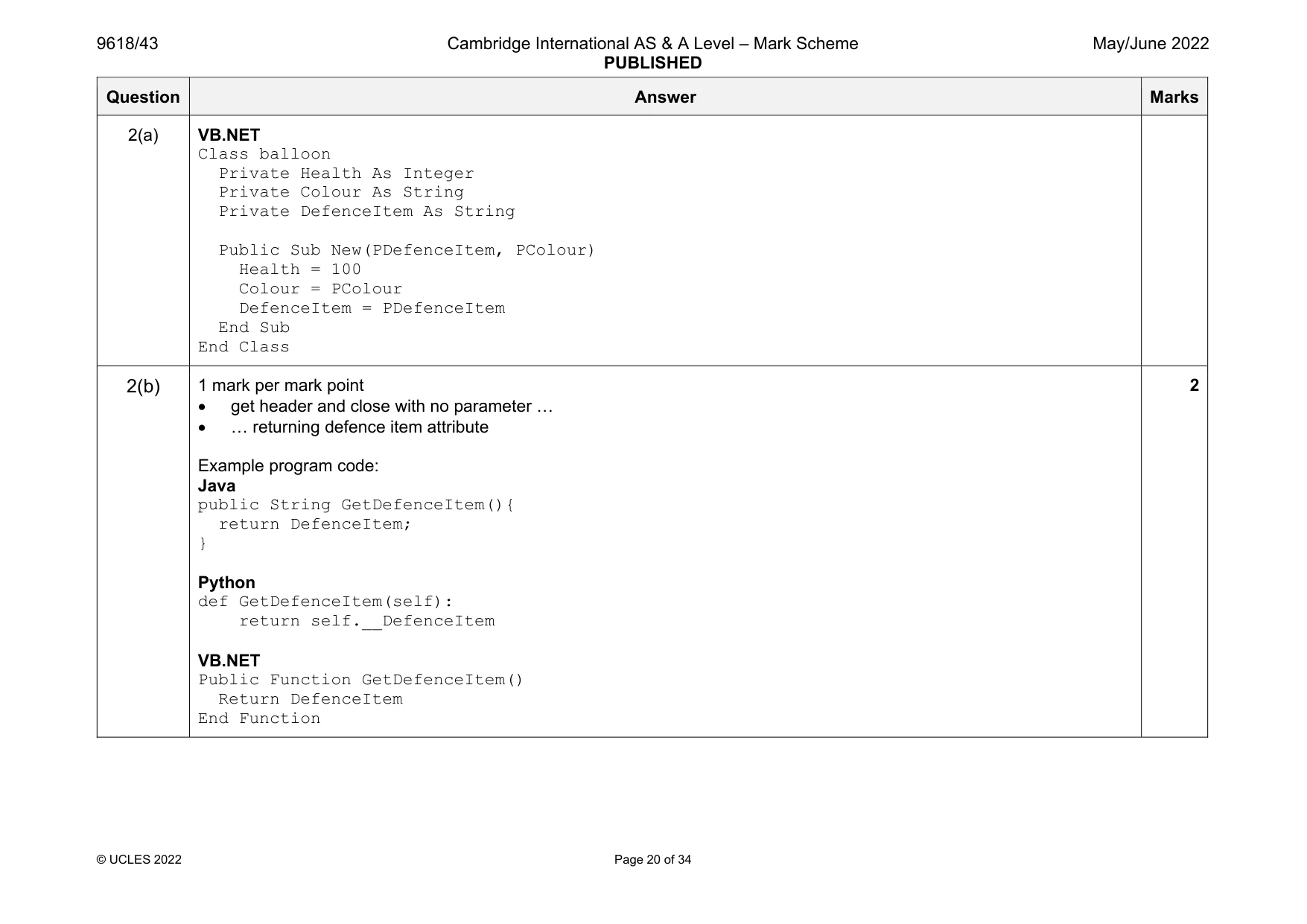 Mark scheme, page 20 of 34