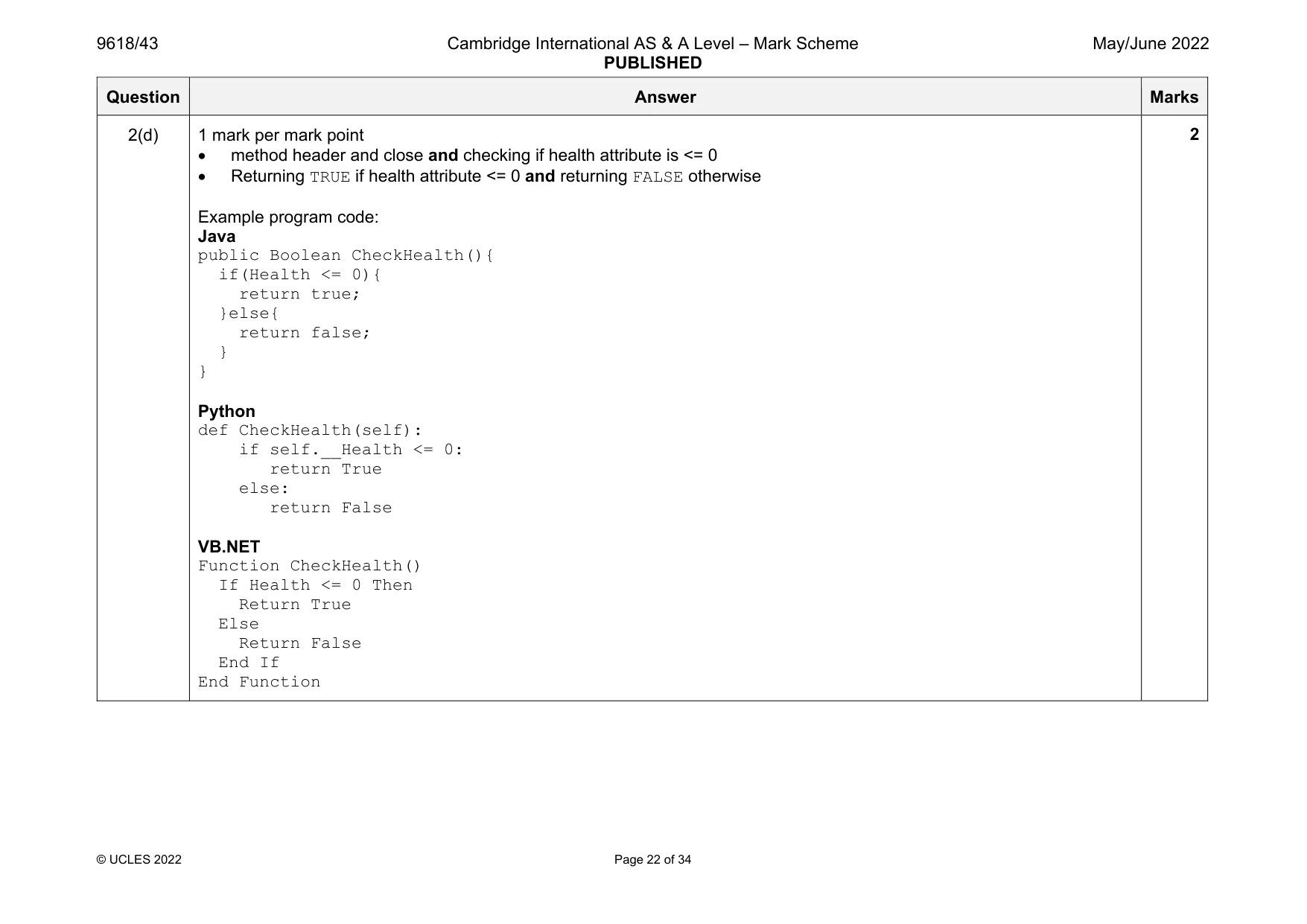 Mark scheme, page 22 of 34