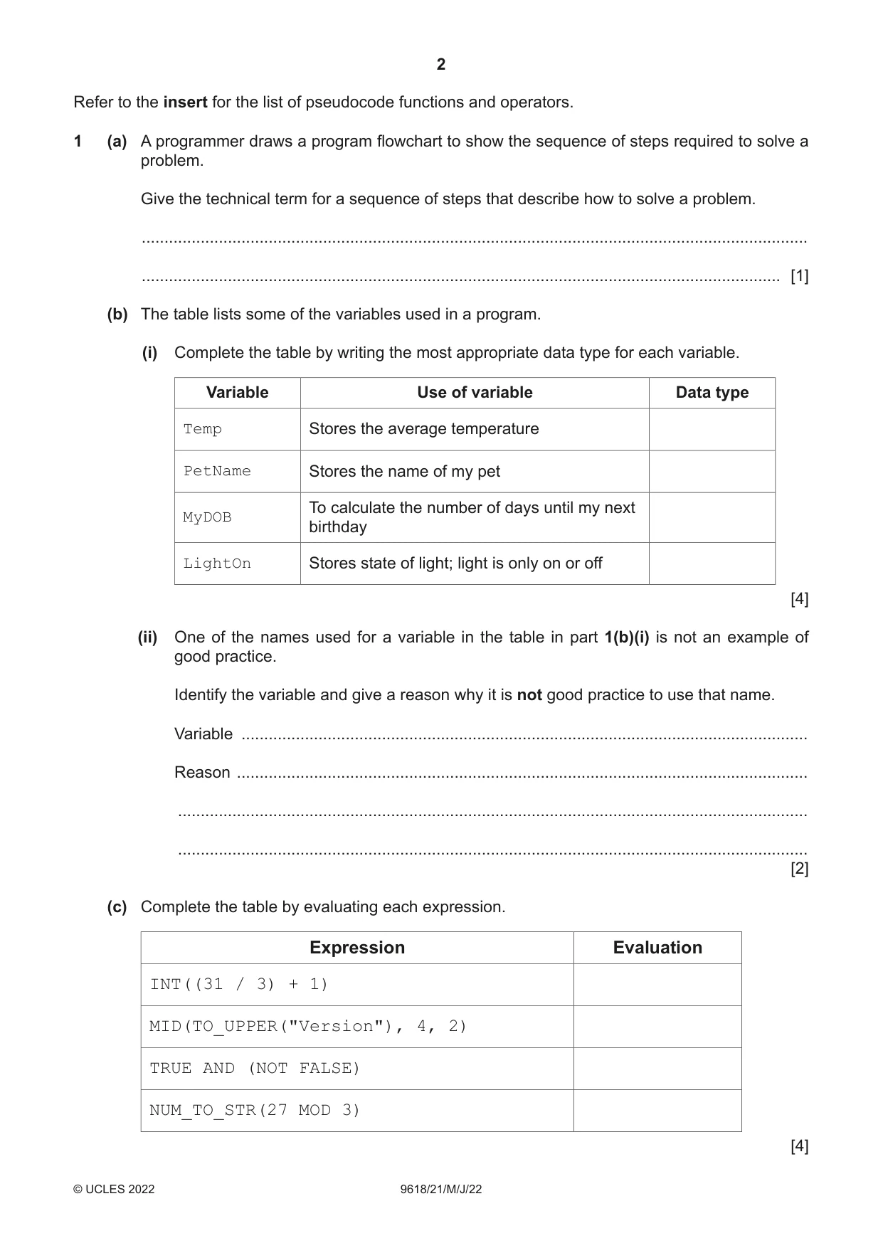 Cambridge A Level Computer Science 9618 2022 May/June Paper 2 · Variant 1 question paper, page 2 of 20