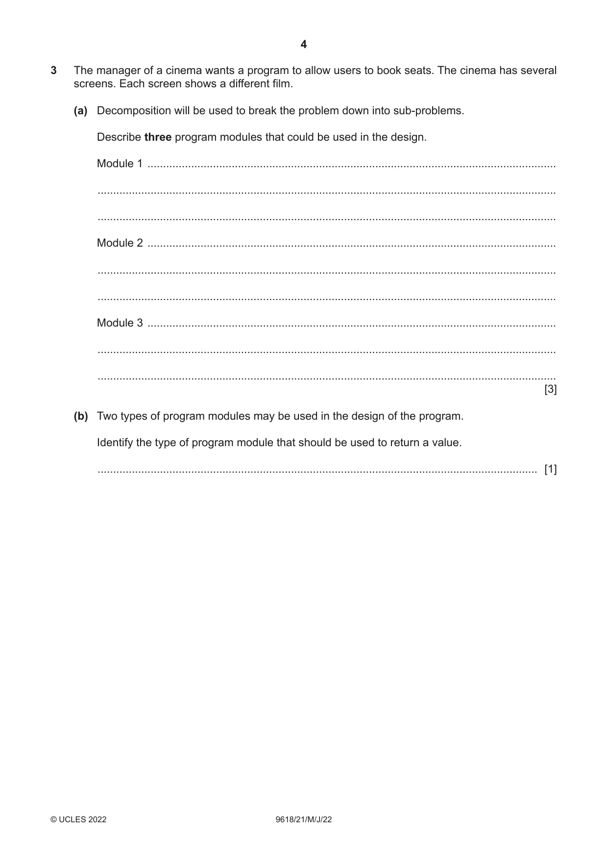 Cambridge A Level Computer Science 9618 2022 May/June Paper 2 · Variant 1 question paper, page 4 of 20