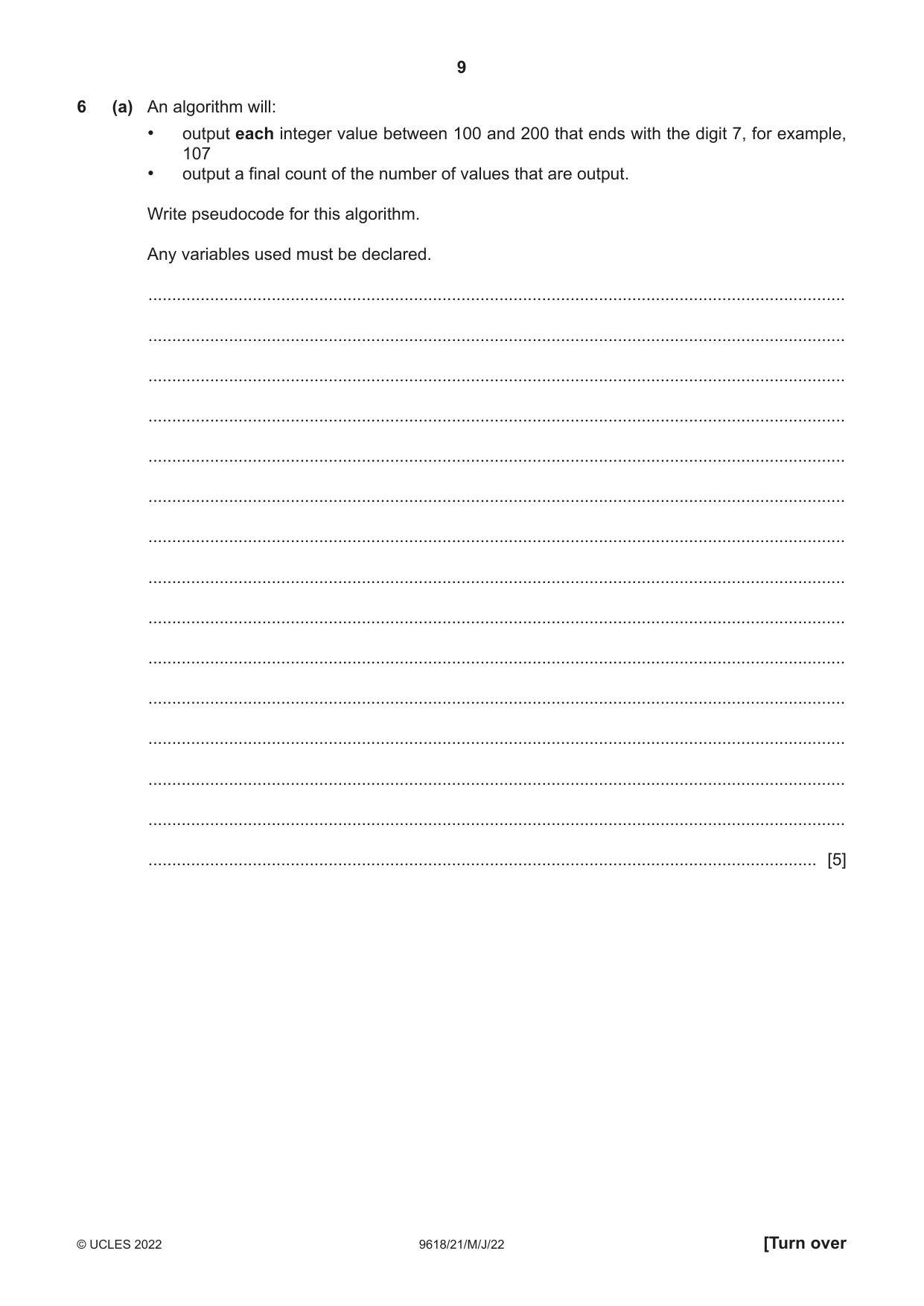 Cambridge A Level Computer Science 9618 2022 May/June Paper 2 · Variant 1 question paper, page 9 of 20