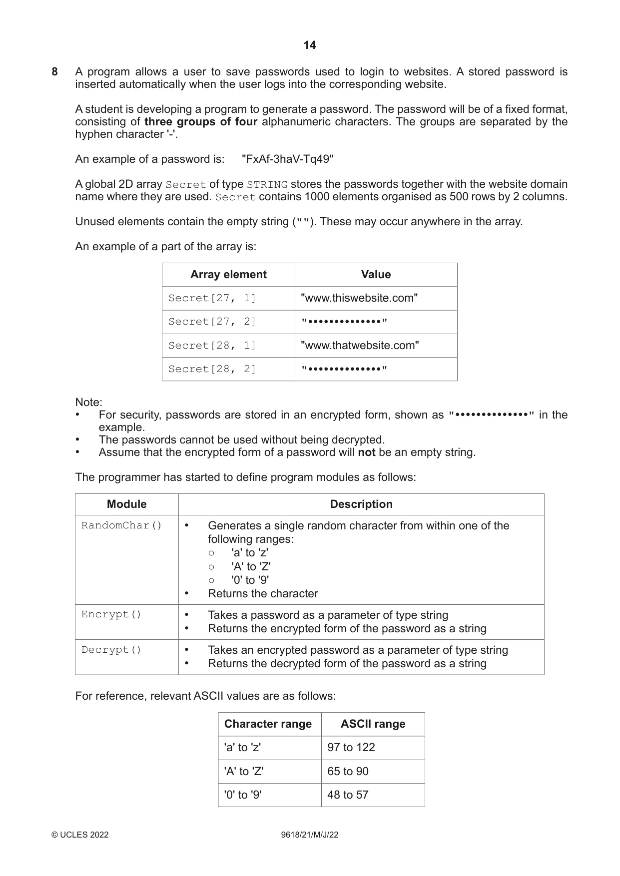Cambridge A Level Computer Science 9618 2022 May/June Paper 2 · Variant 1 question paper, page 14 of 20