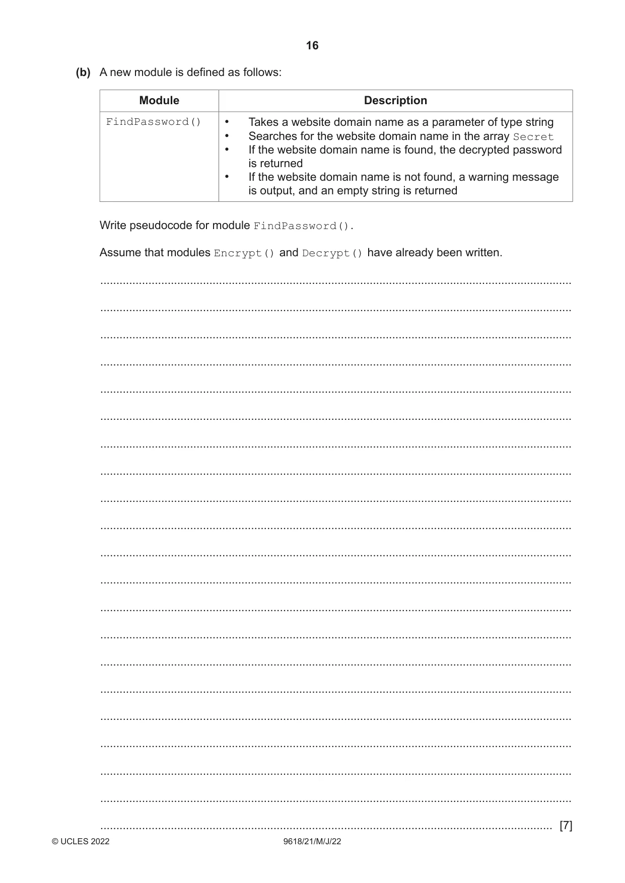 Cambridge A Level Computer Science 9618 2022 May/June Paper 2 · Variant 1 question paper, page 16 of 20