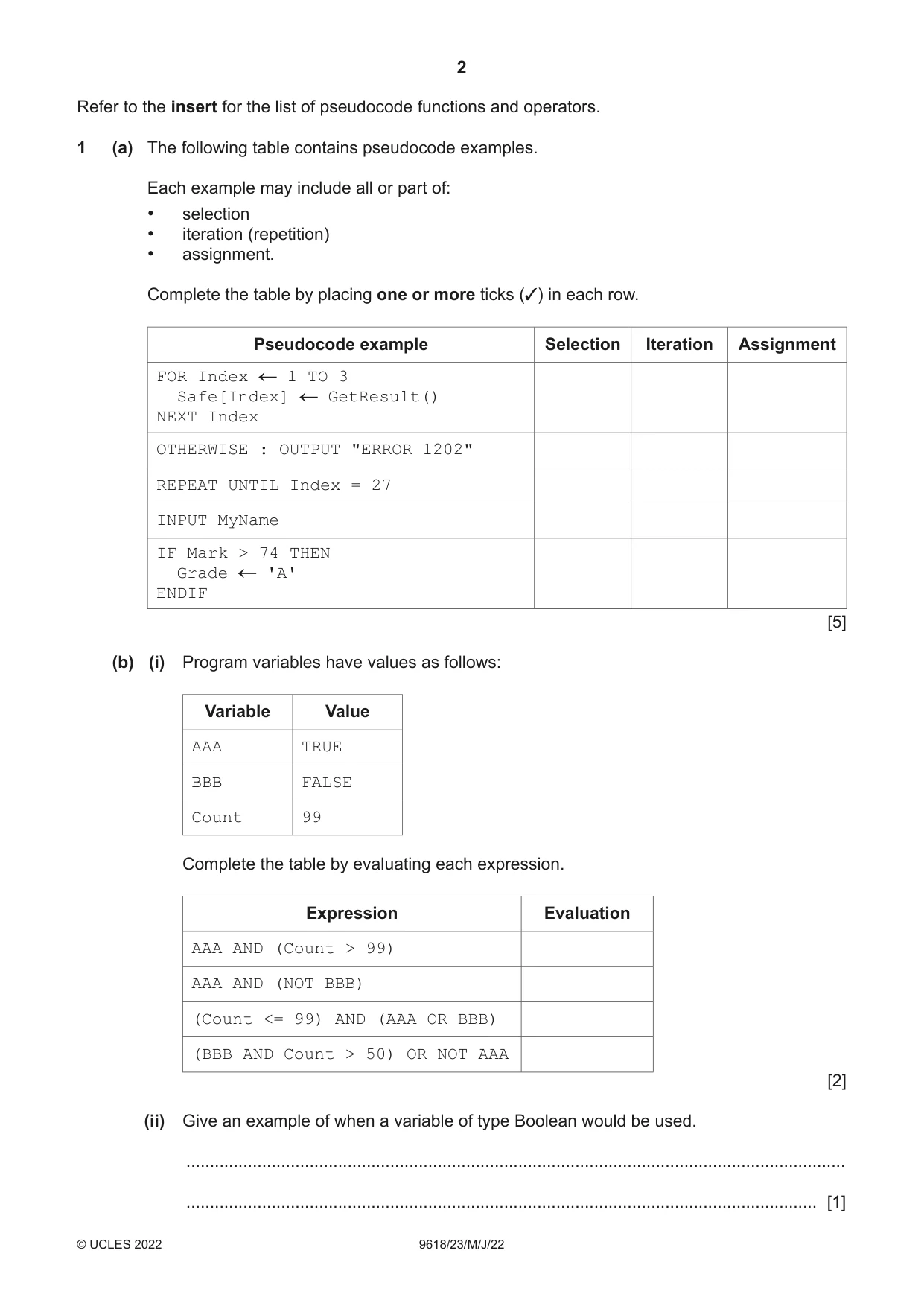 Cambridge A Level Computer Science 9618 2022 May/June Paper 2 · Variant 3 question paper, page 2 of 20