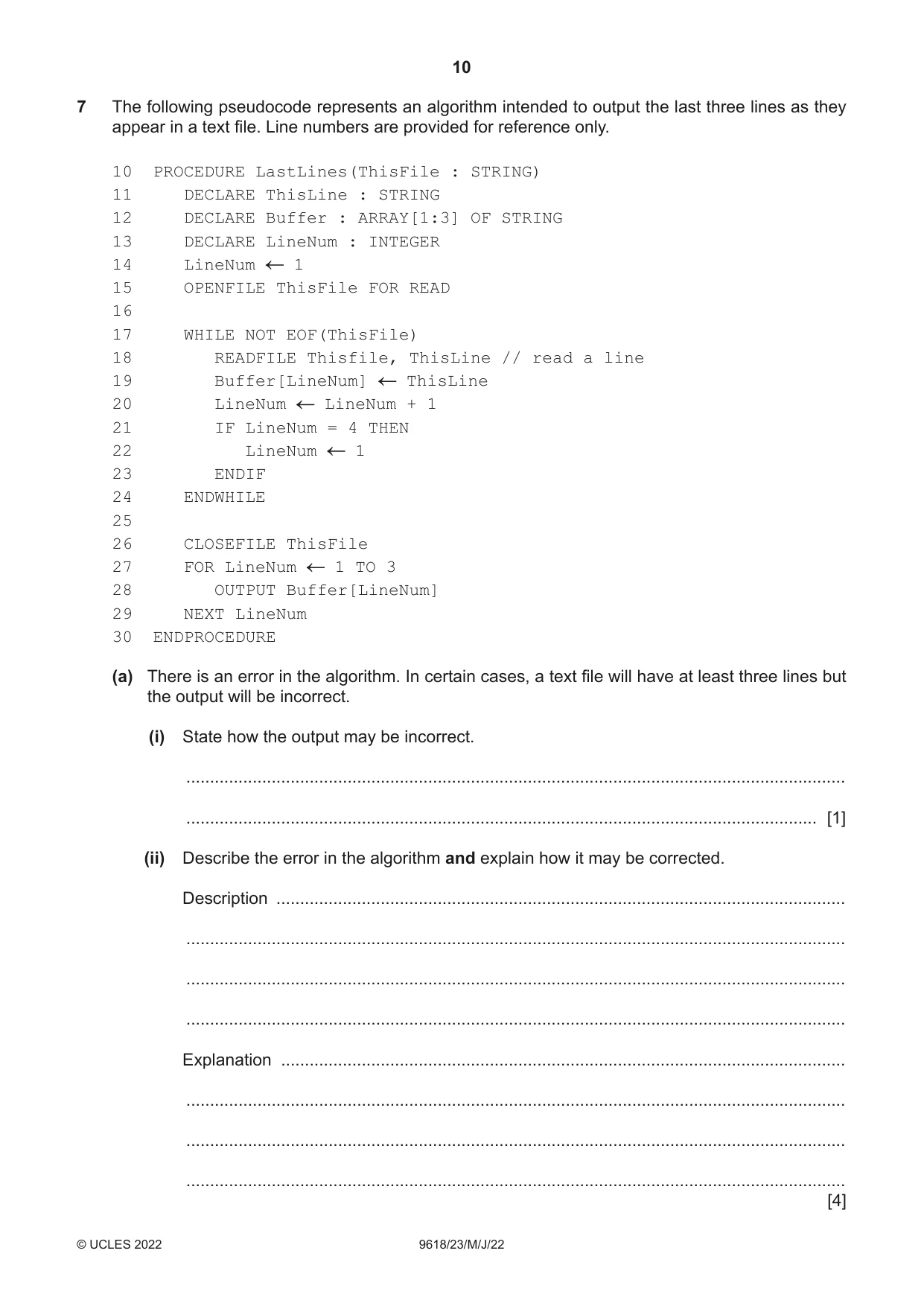 Cambridge A Level Computer Science 9618 2022 May/June Paper 2 · Variant 3 question paper, page 10 of 20