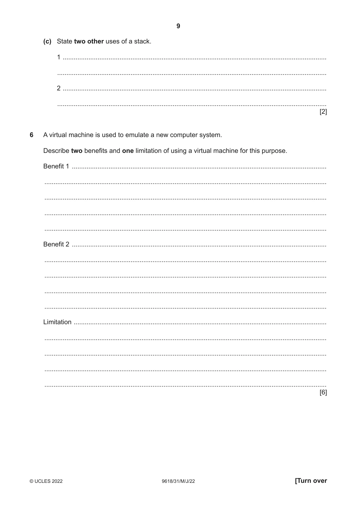 Cambridge A Level Computer Science 9618 2022 May/June Paper 3 · Variant 1 question paper, page 9 of 16