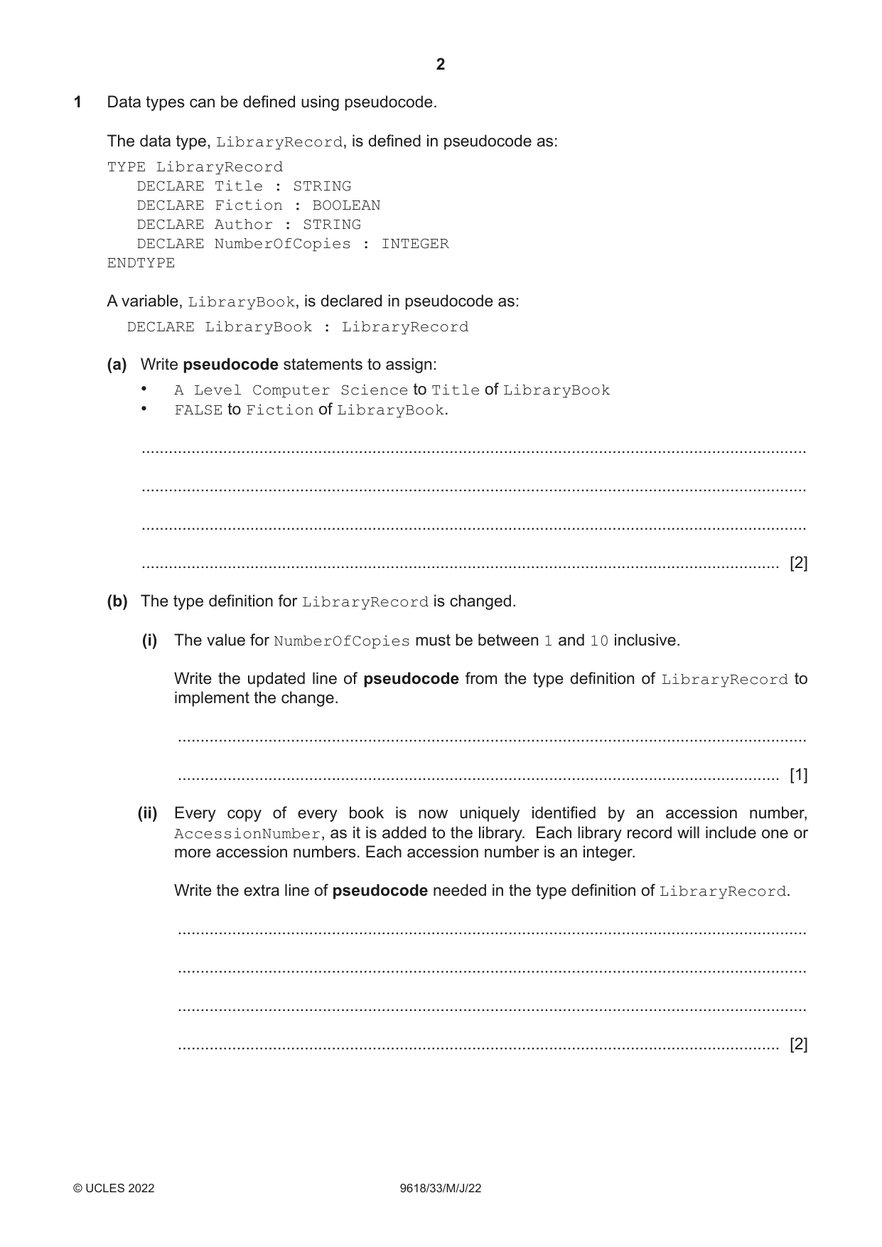 Cambridge A Level Computer Science 9618 2022 May/June Paper 3 · Variant 3 question paper, page 2 of 16