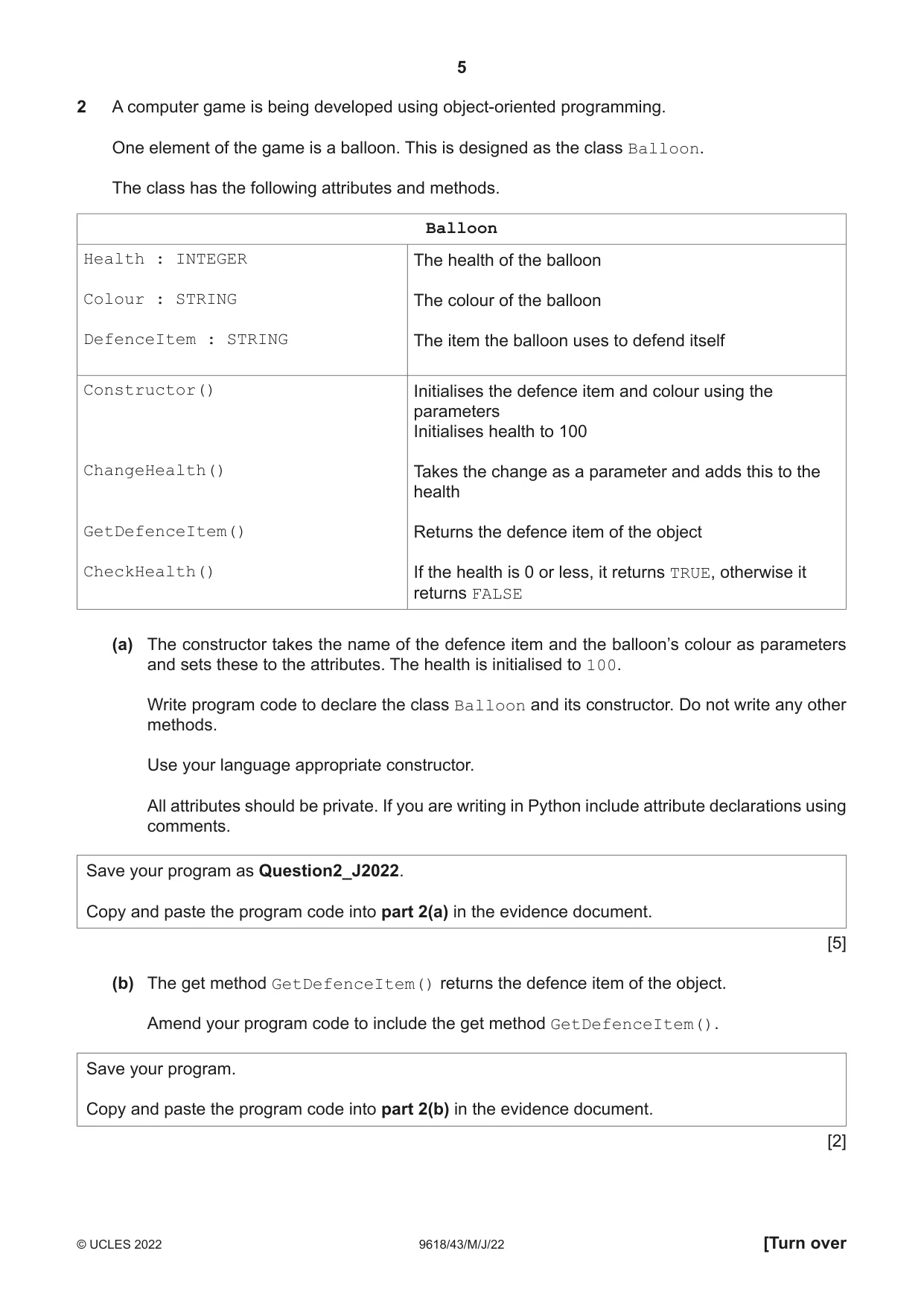 Cambridge A Level Computer Science 9618 2022 May/June Paper 4 · Variant 3 question paper, page 5 of 12