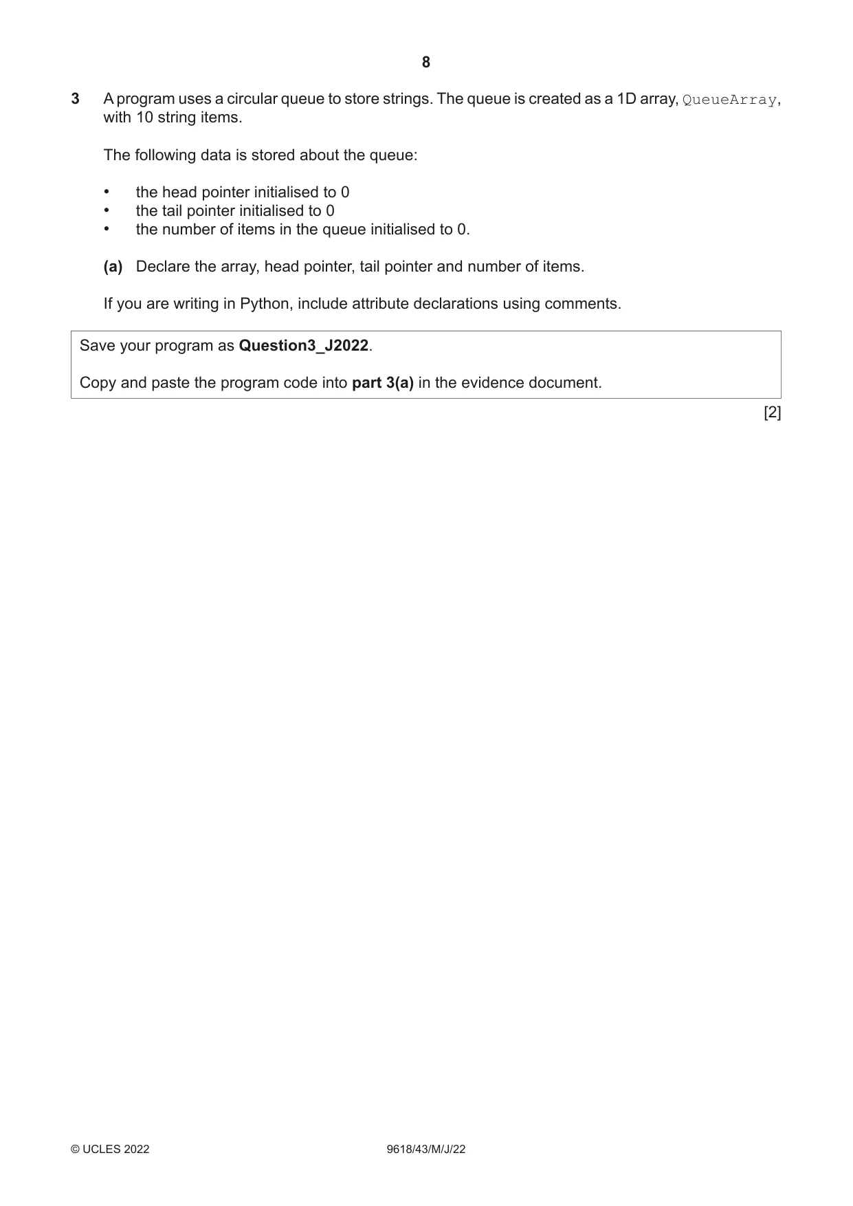 Cambridge A Level Computer Science 9618 2022 May/June Paper 4 · Variant 3 question paper, page 8 of 12
