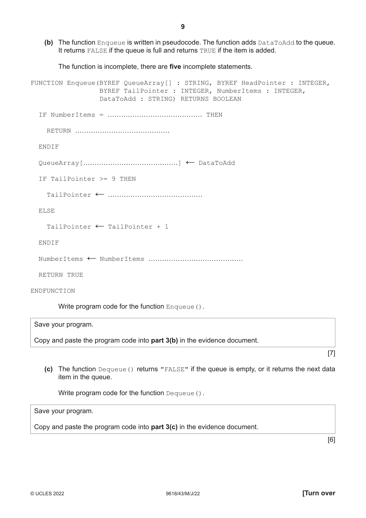 Cambridge A Level Computer Science 9618 2022 May/June Paper 4 · Variant 3 question paper, page 9 of 12