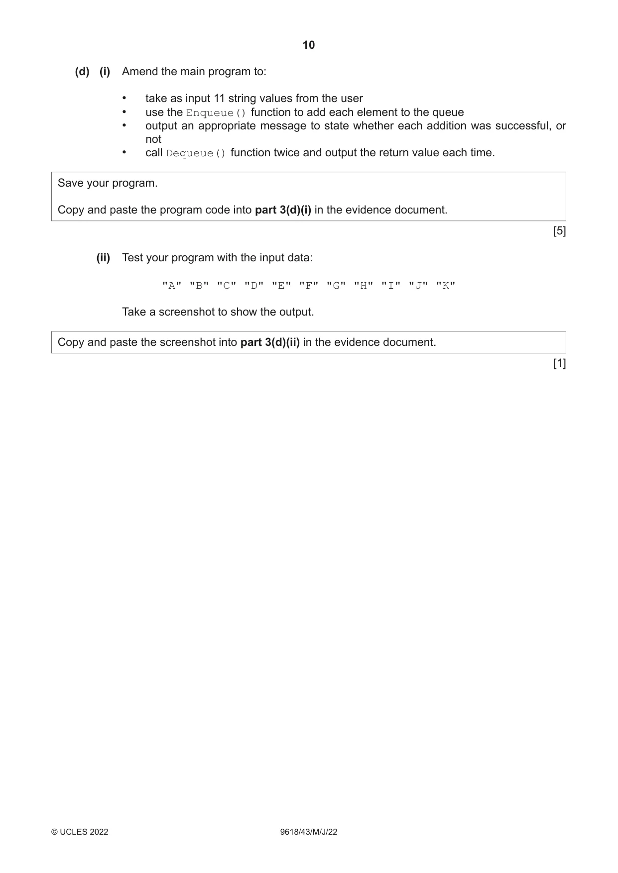 Cambridge A Level Computer Science 9618 2022 May/June Paper 4 · Variant 3 question paper, page 10 of 12