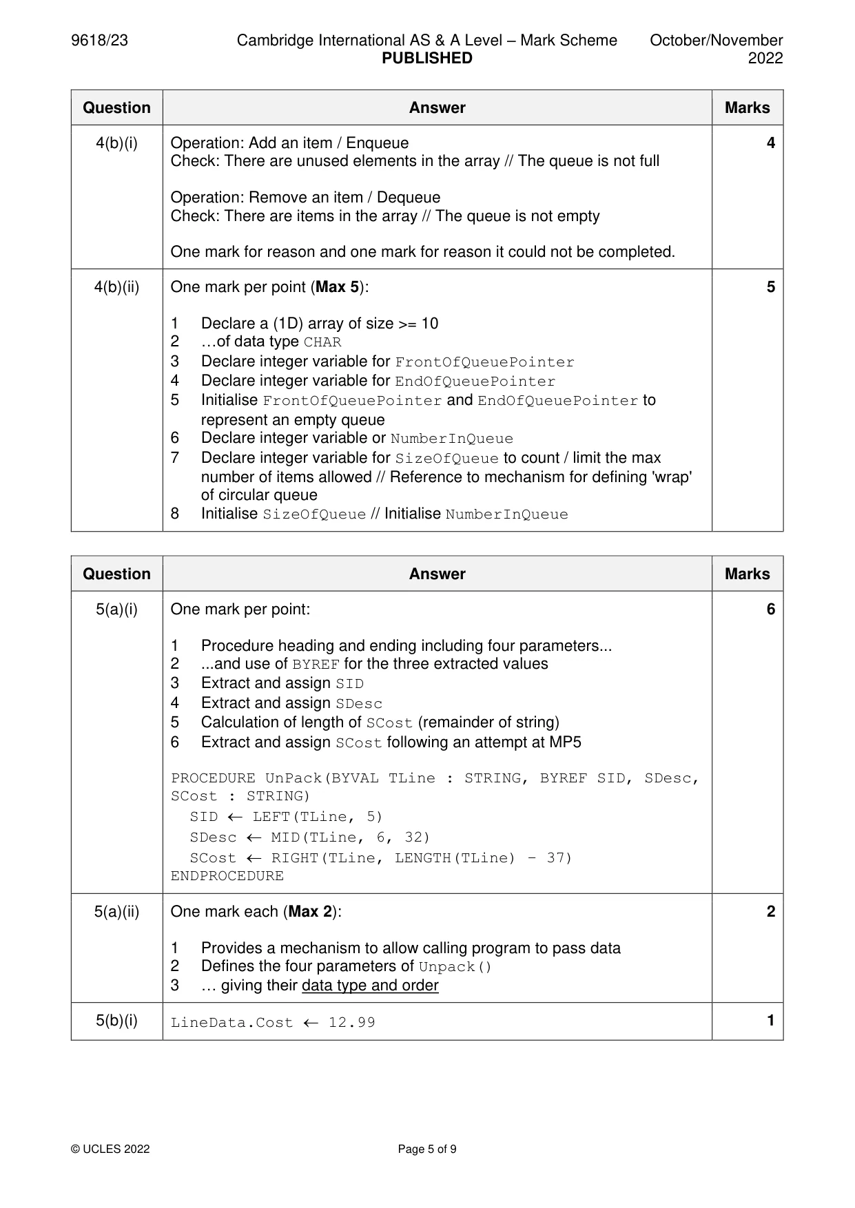 Mark scheme, page 5 of 9