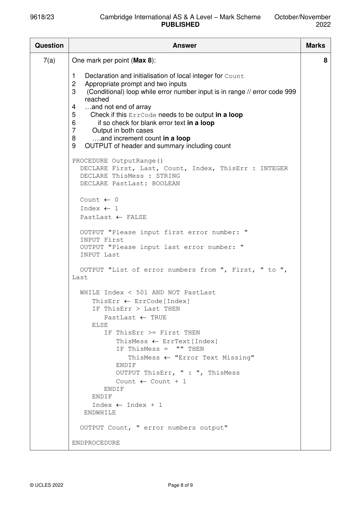 Mark scheme, page 8 of 9