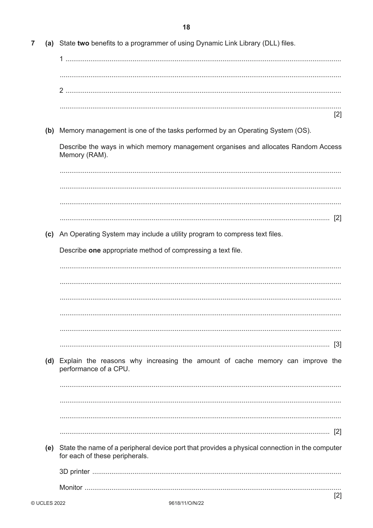Cambridge A Level Computer Science 9618 2022 Oct/Nov Paper 1 · Variant 1 question paper, page 18 of 20