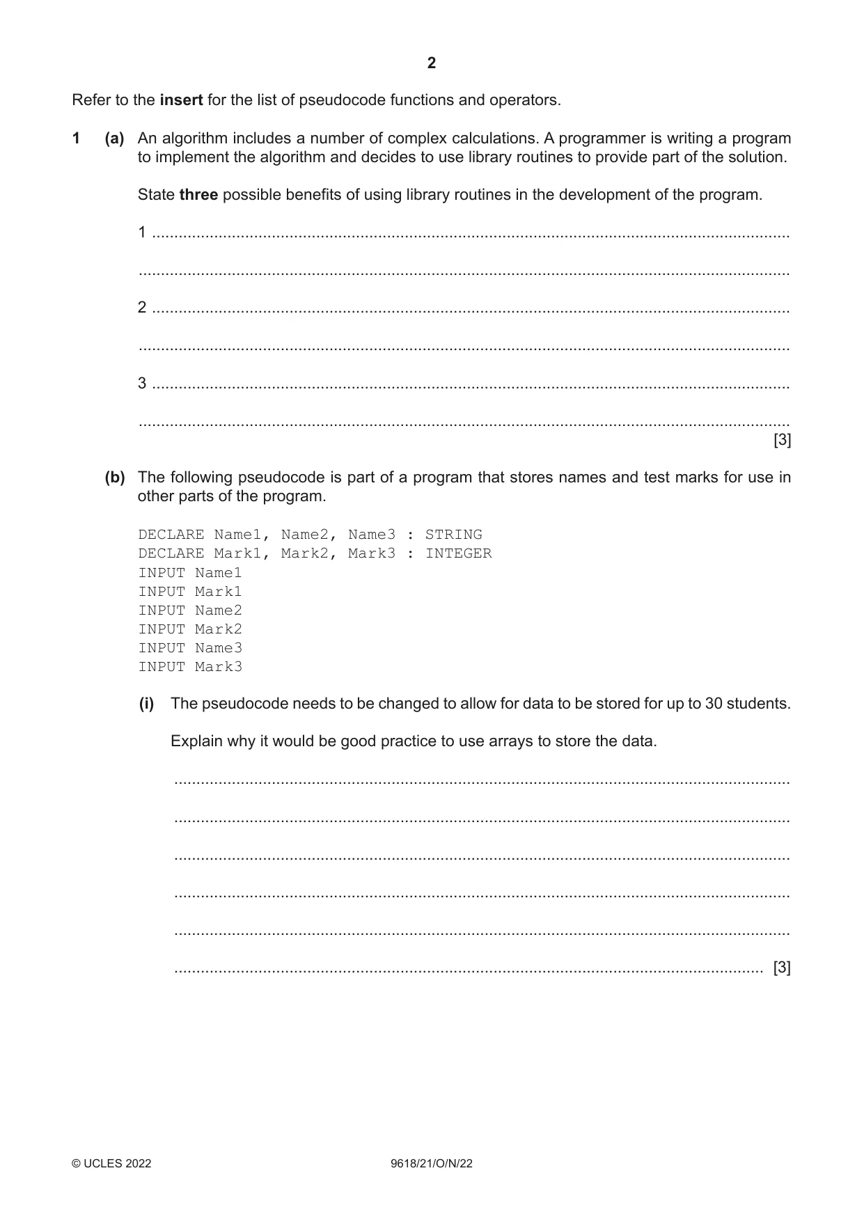 Cambridge A Level Computer Science 9618 2022 Oct/Nov Paper 2 · Variant 1 question paper, page 2 of 20
