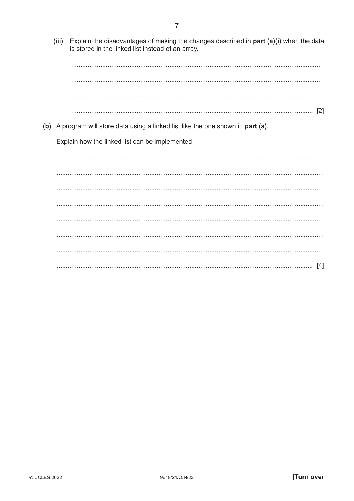 Cambridge A Level Computer Science 9618 2022 Oct/Nov Paper 2 · Variant 1 question paper, page 7 of 20