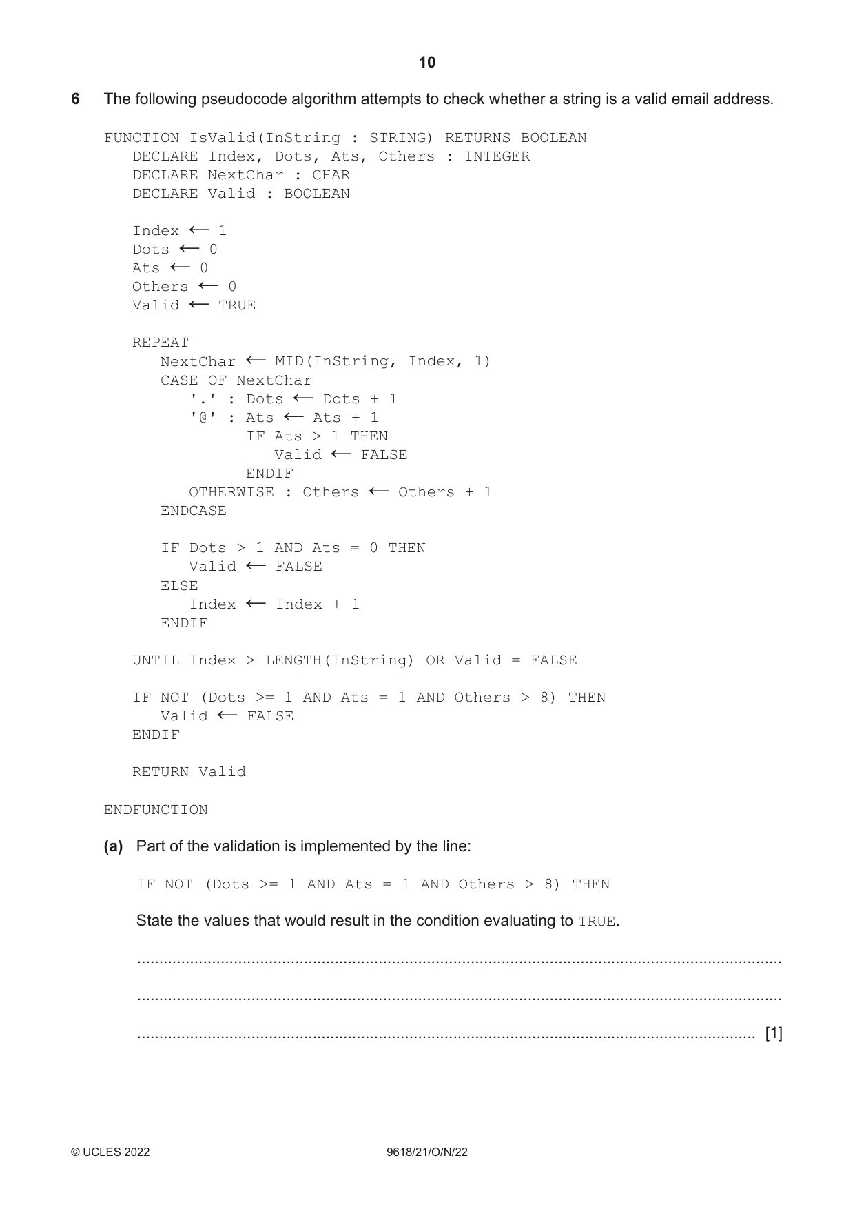 Cambridge A Level Computer Science 9618 2022 Oct/Nov Paper 2 · Variant 1 question paper, page 10 of 20