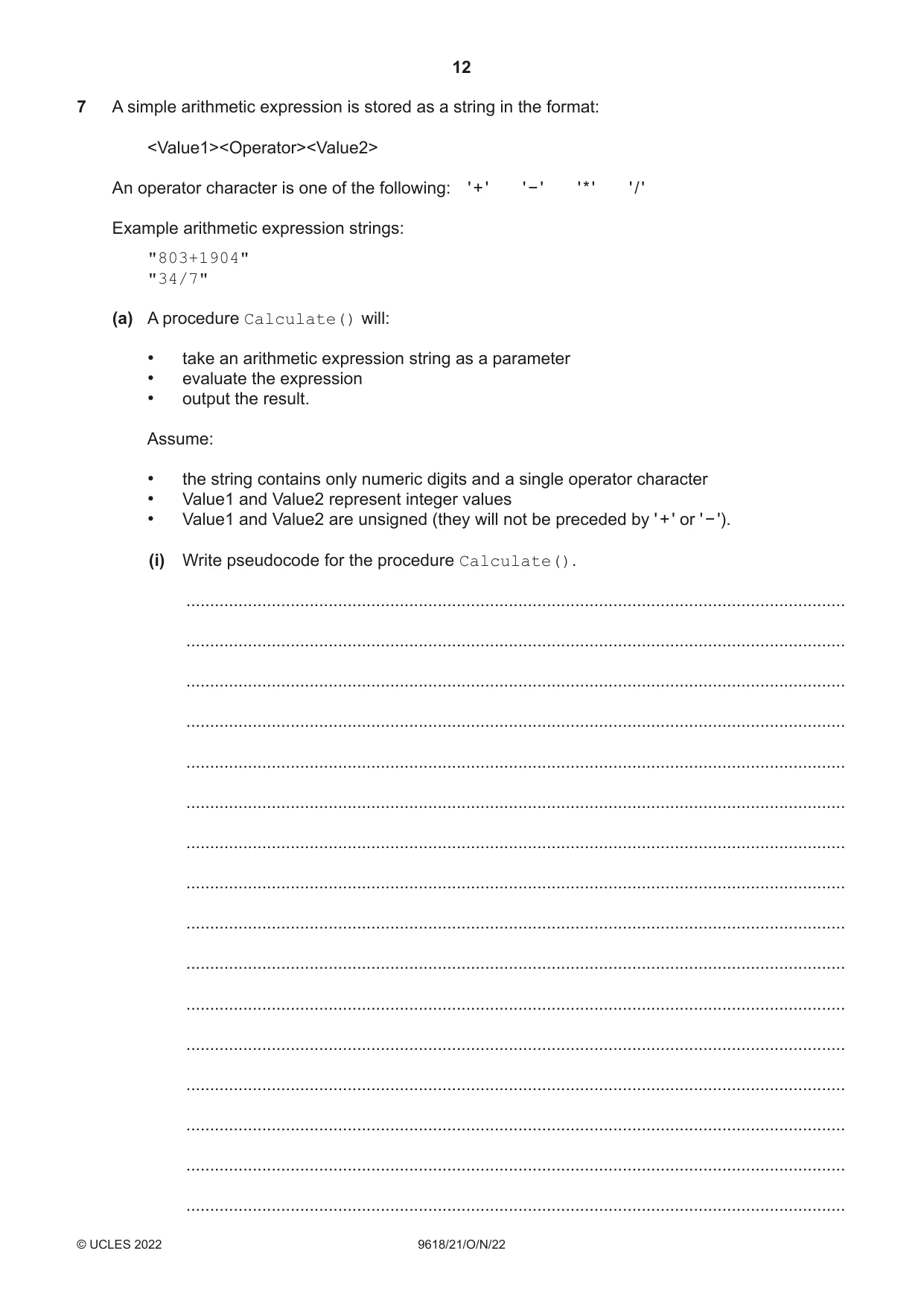 Cambridge A Level Computer Science 9618 2022 Oct/Nov Paper 2 · Variant 1 question paper, page 12 of 20