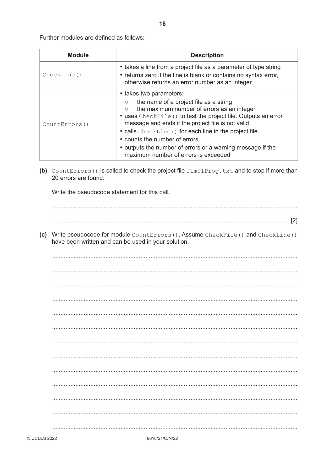 Cambridge A Level Computer Science 9618 2022 Oct/Nov Paper 2 · Variant 1 question paper, page 16 of 20