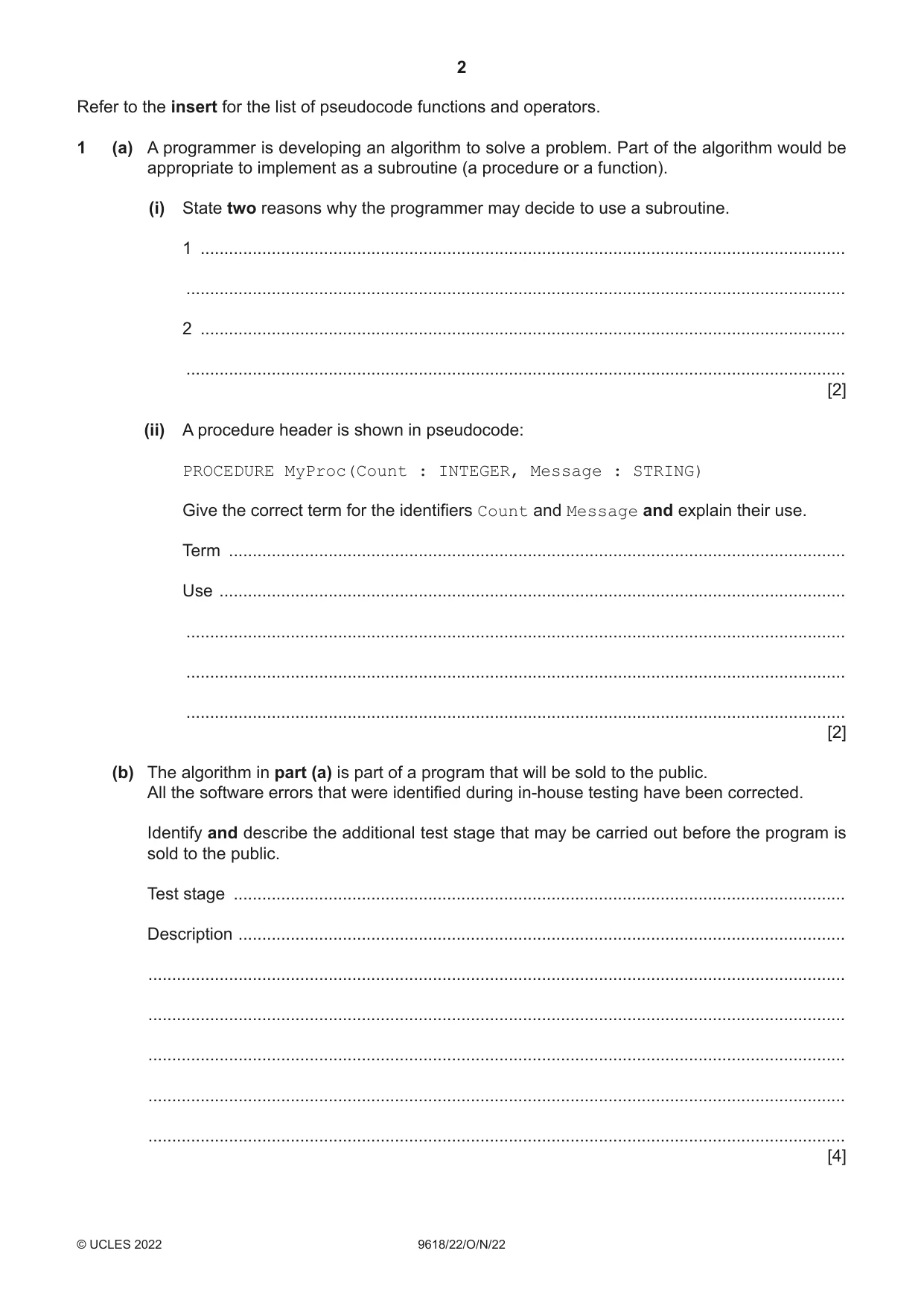 Cambridge A Level Computer Science 9618 2022 Oct/Nov Paper 2 · Variant 2 question paper, page 2 of 20