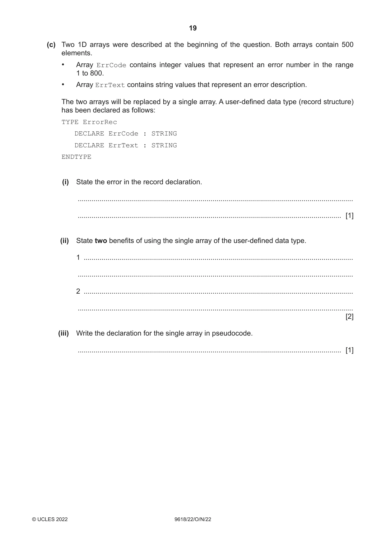 Cambridge A Level Computer Science 9618 2022 Oct/Nov Paper 2 · Variant 2 question paper, page 19 of 20