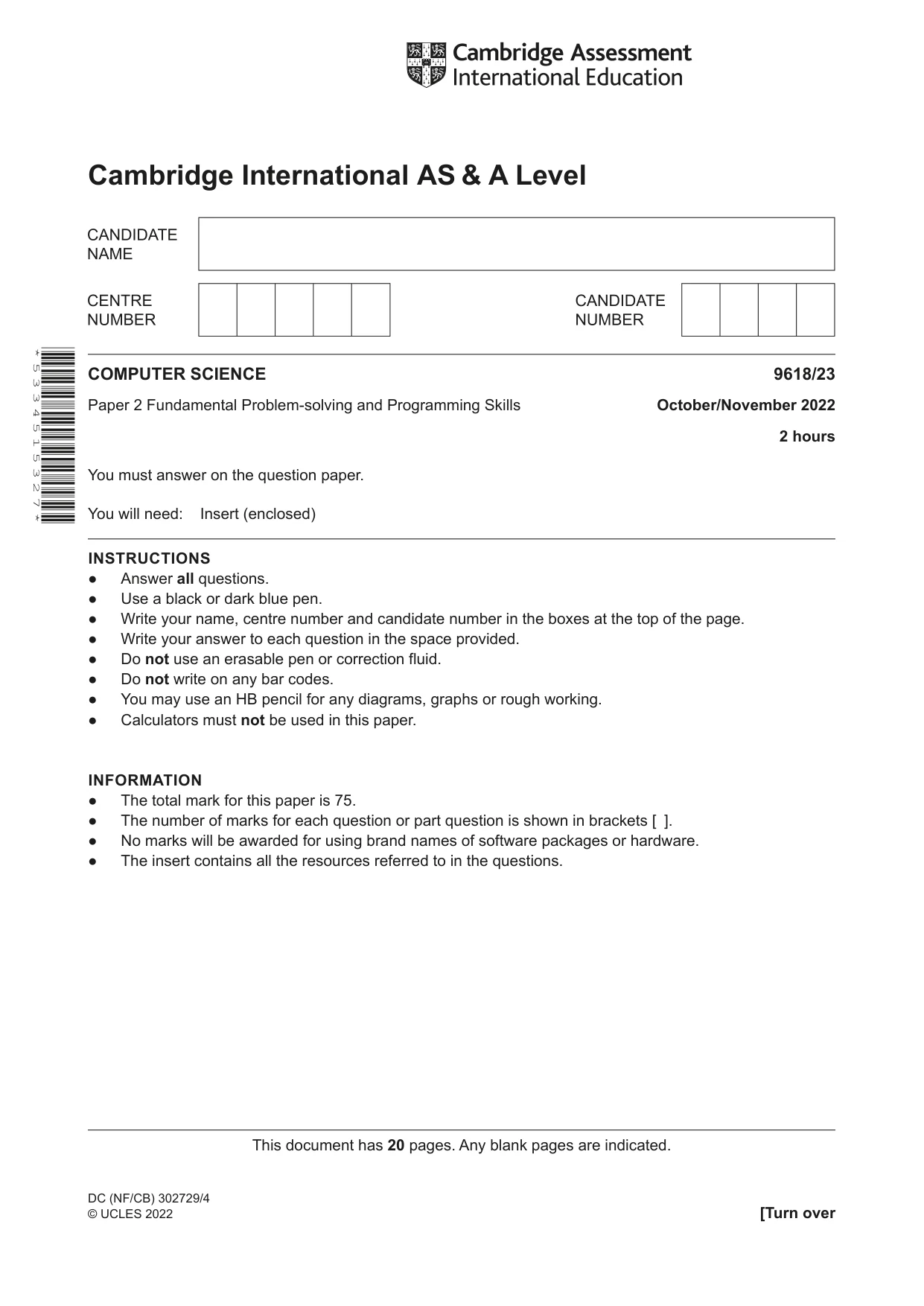 Cambridge A Level Computer Science 9618 2022 Oct/Nov Paper 2 · Variant 3 question paper, page 1 of 20